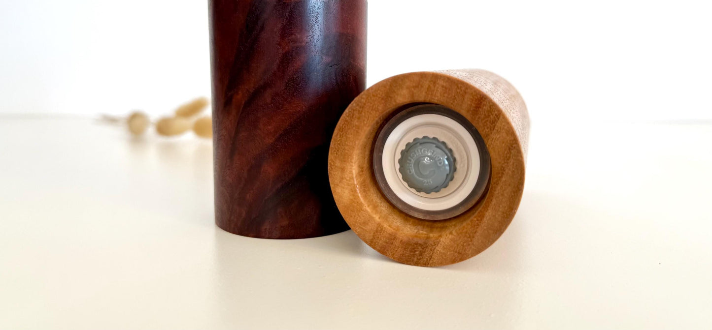 Handcrafted Mini Jarrah Burl and Curly Marri Pepper Grinder Set: Modern Wood Salt Mill
