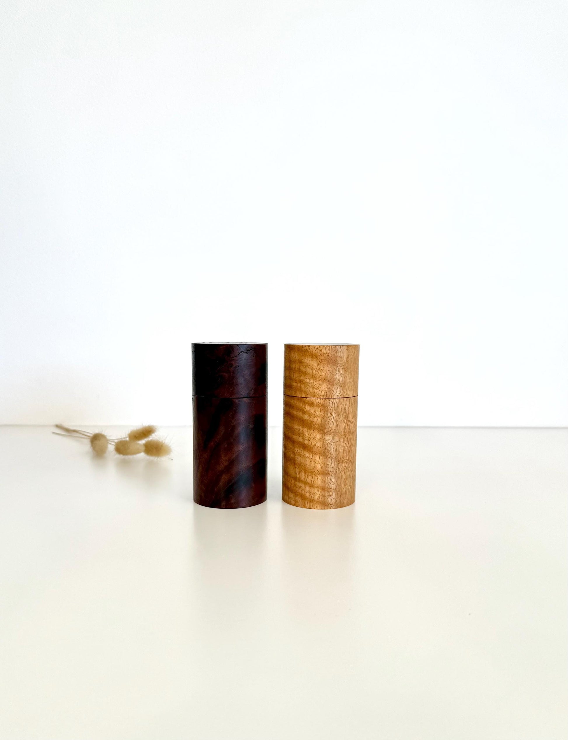 Wooden cylindrical shape Mini salt and pepper grinders made from Jarrah and Marri timbers