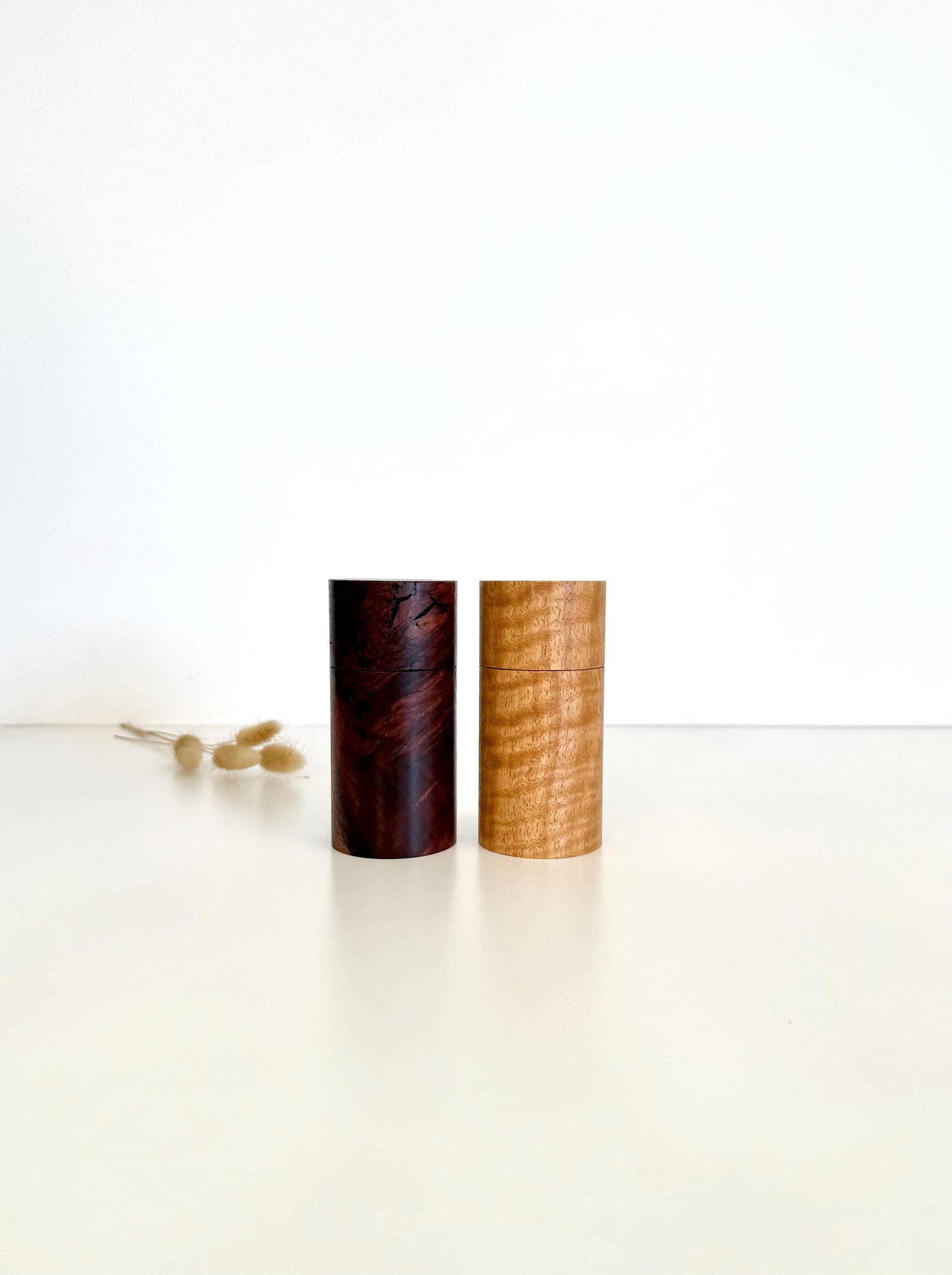Wooden cylindrical shape Mini salt and pepper grinders made from Jarrah and Marri timbers