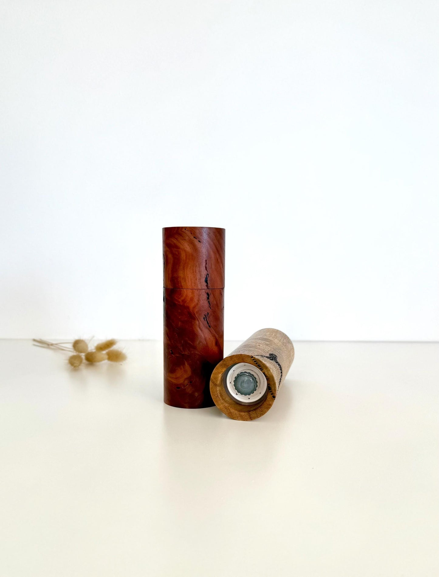 Handcrafted Salmon Gum Burl and Marri Pepper Grinder Set: Modern Wood Salt Mill