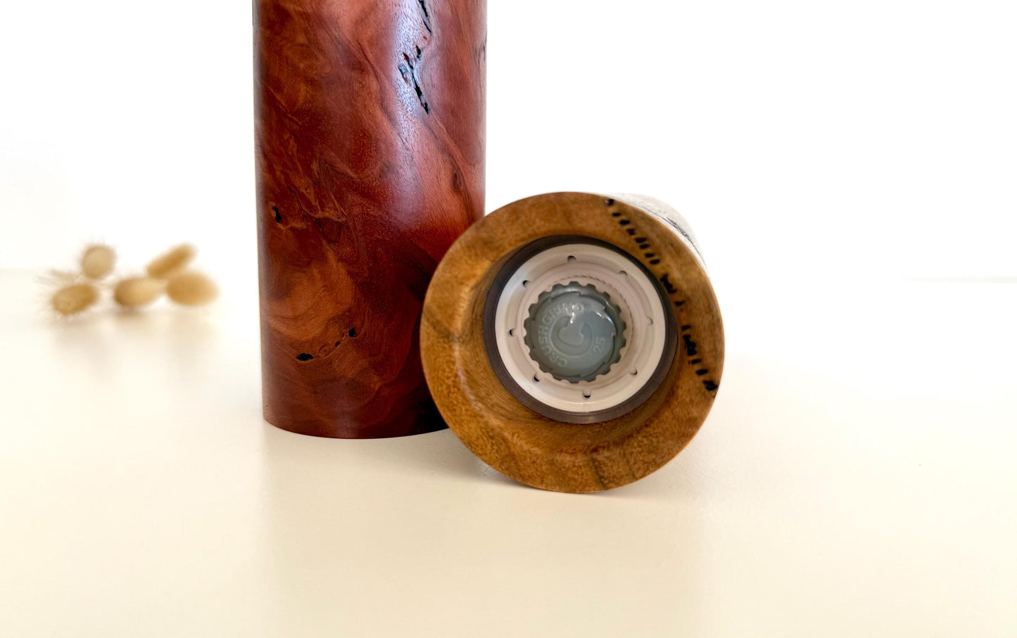 Handcrafted Salmon Gum Burl and Marri Pepper Grinder Set: Modern Wood Salt Mill