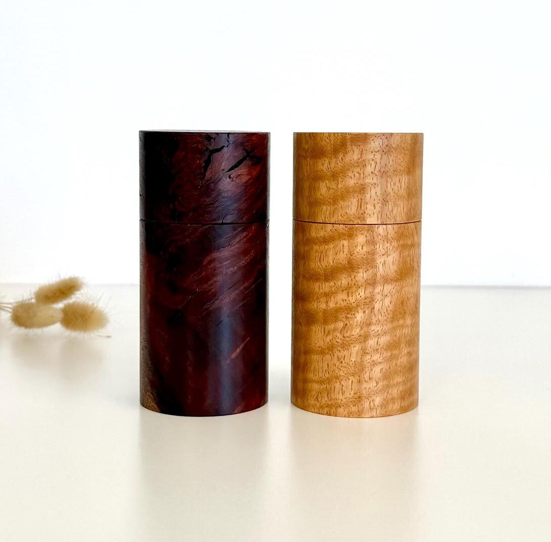 Wooden cylindrical shape Mini salt and pepper grinders made from Jarrah and Marri timbers