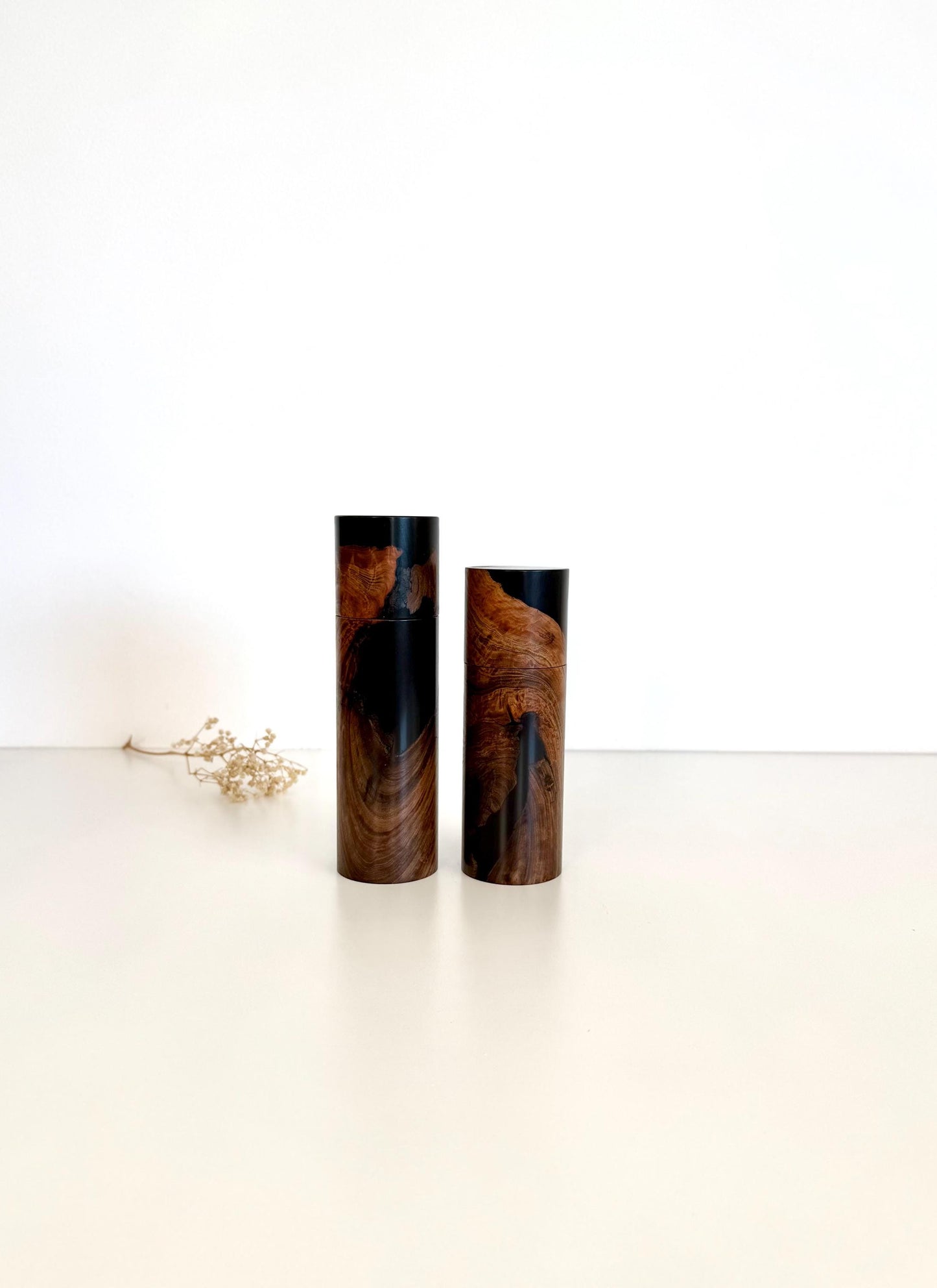 Blackbutt and Resin Pepper Grinder Set, Modern Ceramic Salt Mill
