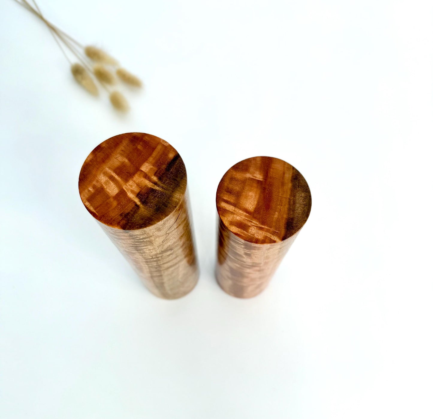 Figured River Red Gum Pepper Grinder Set, Modern Ceramic Salt Mill