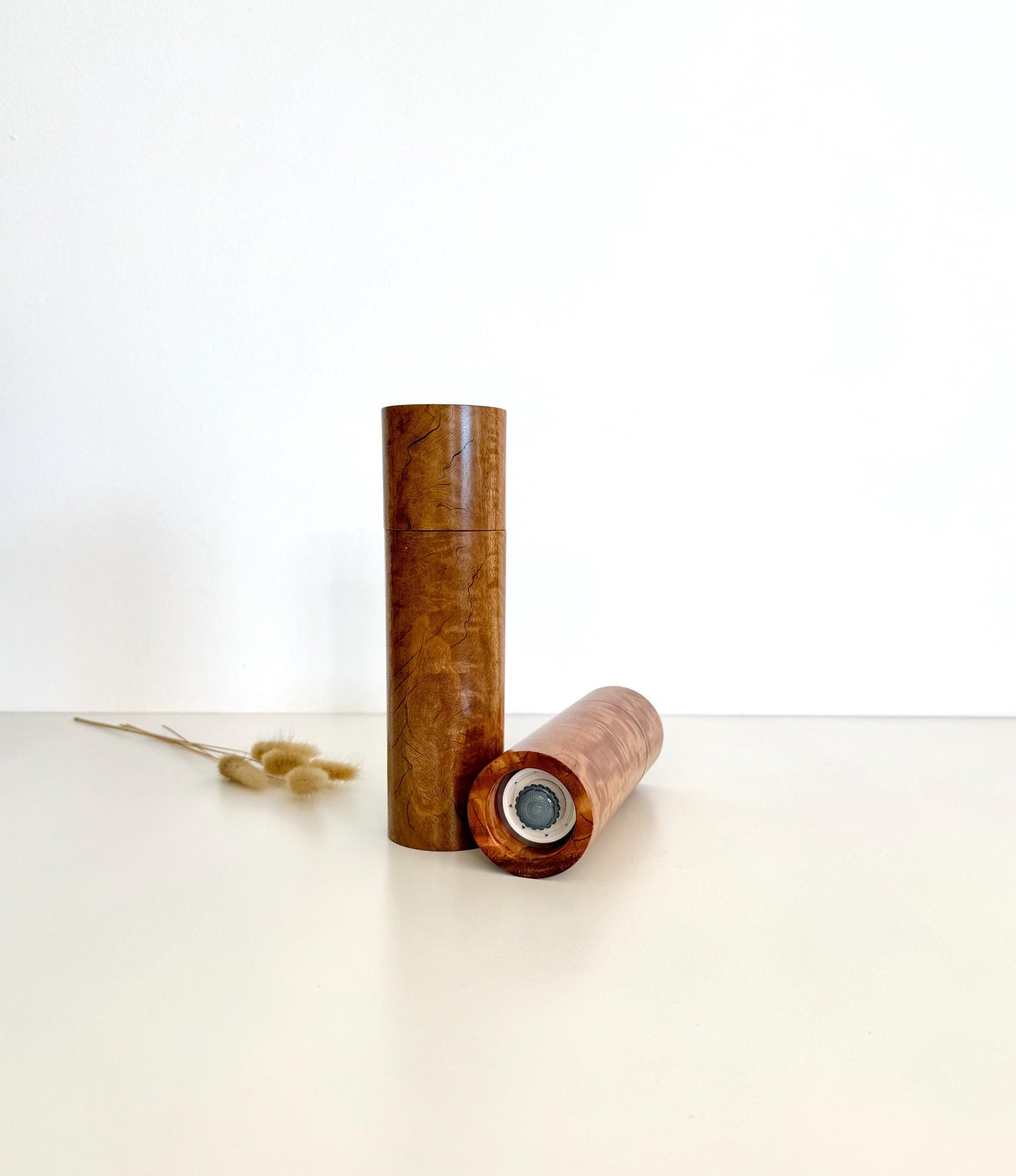Figured River Red Gum Pepper Grinder Set, Modern Ceramic Salt Mill