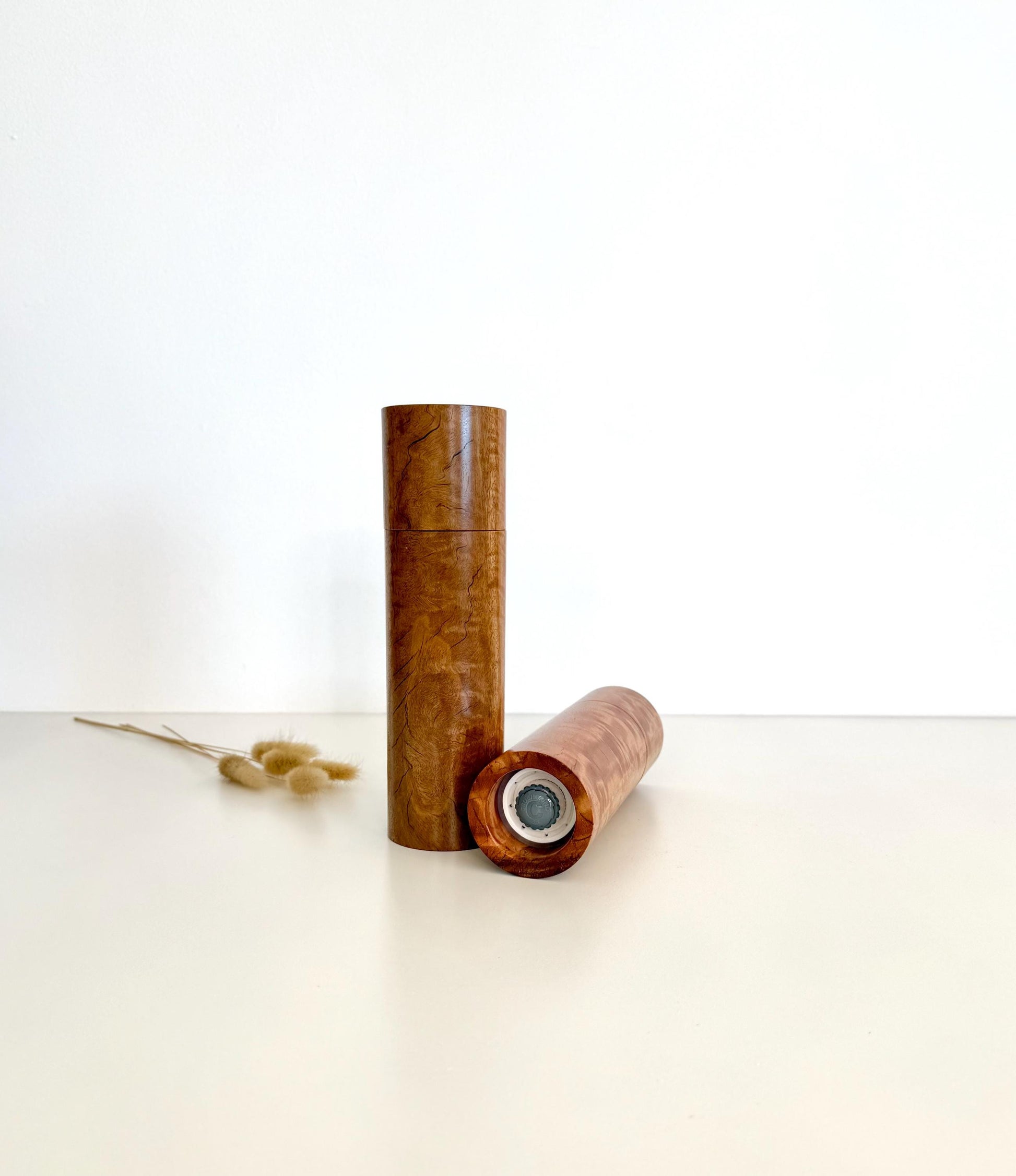 Figured River Red Gum Pepper Grinder Set, Modern Ceramic Salt Mill
