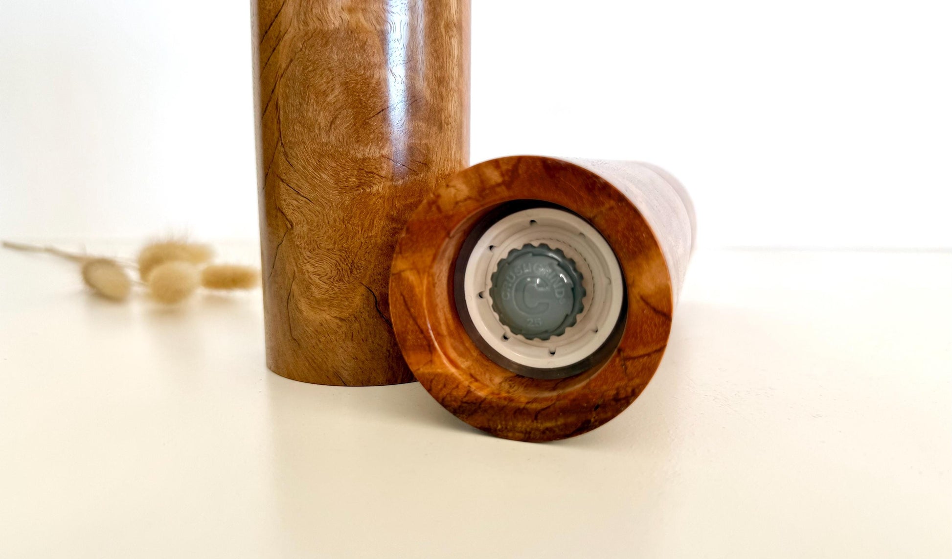 Figured River Red Gum Pepper Grinder Set, Modern Ceramic Salt Mill