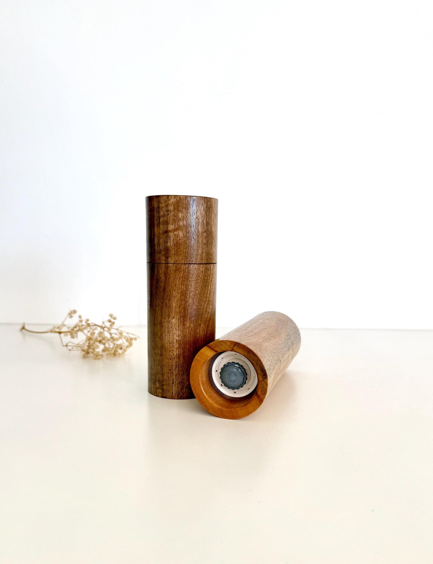 Handcrafted Blackbutt and Walnut Pepper Grinder Set: Modern Wood Salt Mill