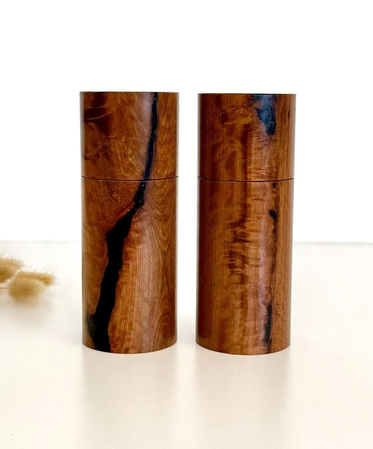 Wooden cylindrical shape salt and pepper grinders made from Blackbutt timber