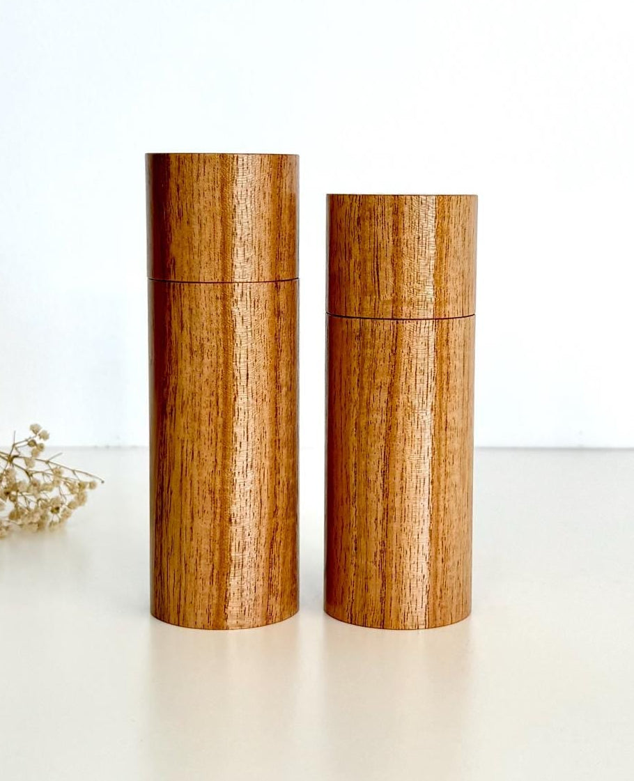 Wooden cylindrical shape salt and pepper grinders made from Cape Lilac timber