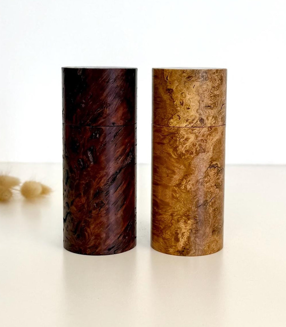 Wooden cylindrical shape salt and pepper grinders made from Jarrah burl and Sugar gum timbers