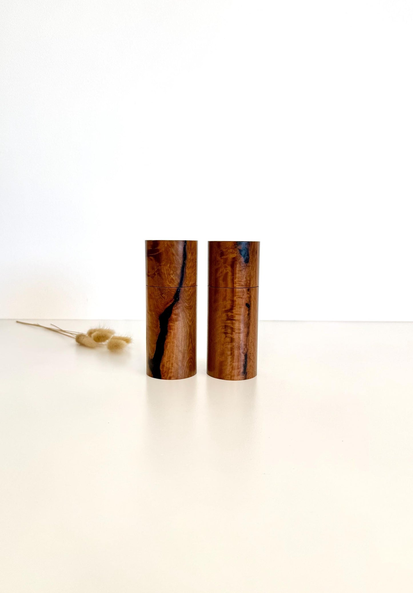 Figured River Red Gum Pepper Grinder Set, Modern Ceramic Salt Mill