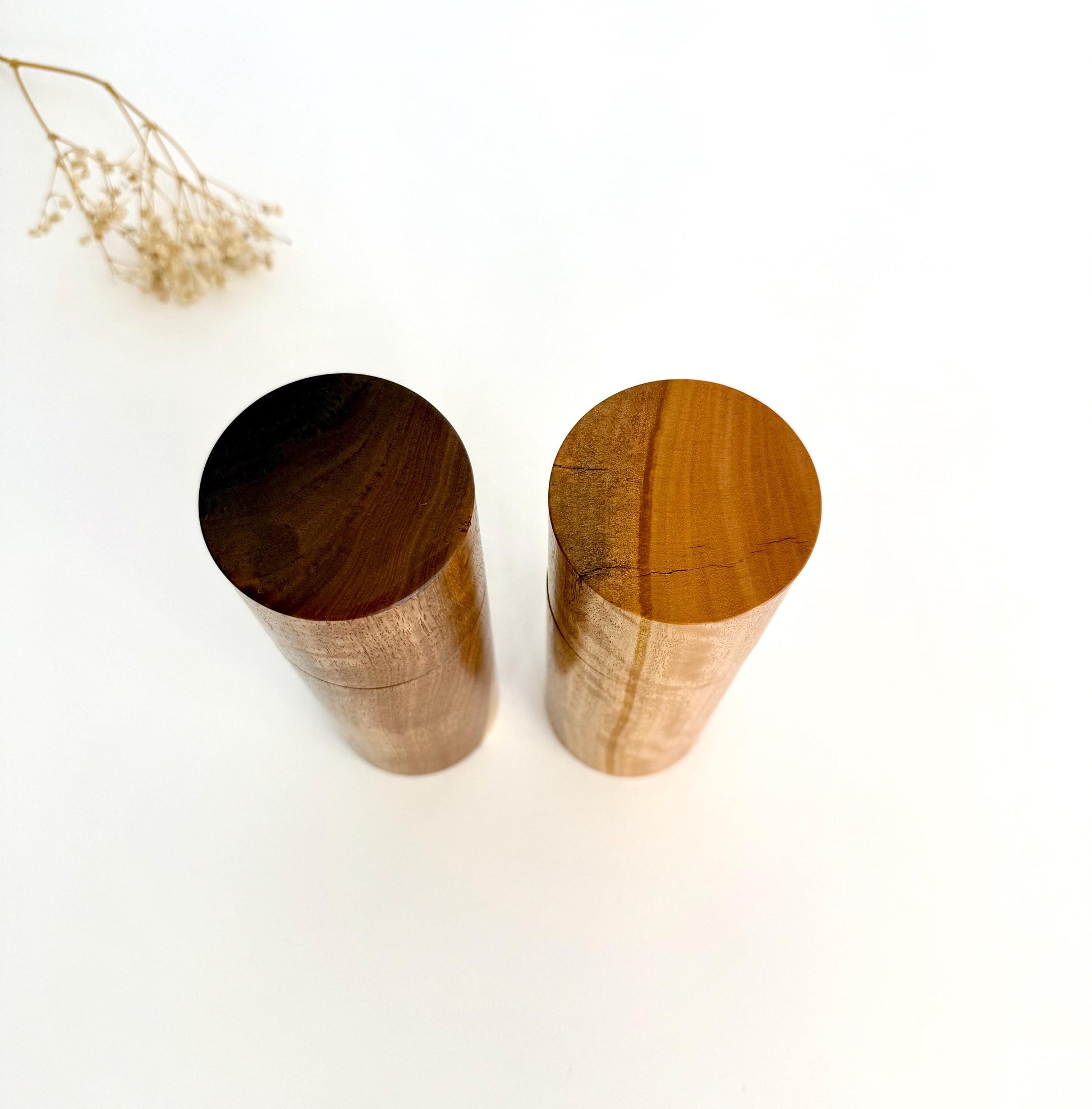 Handcrafted Blackbutt and Walnut Pepper Grinder Set: Modern Wood Salt Mill