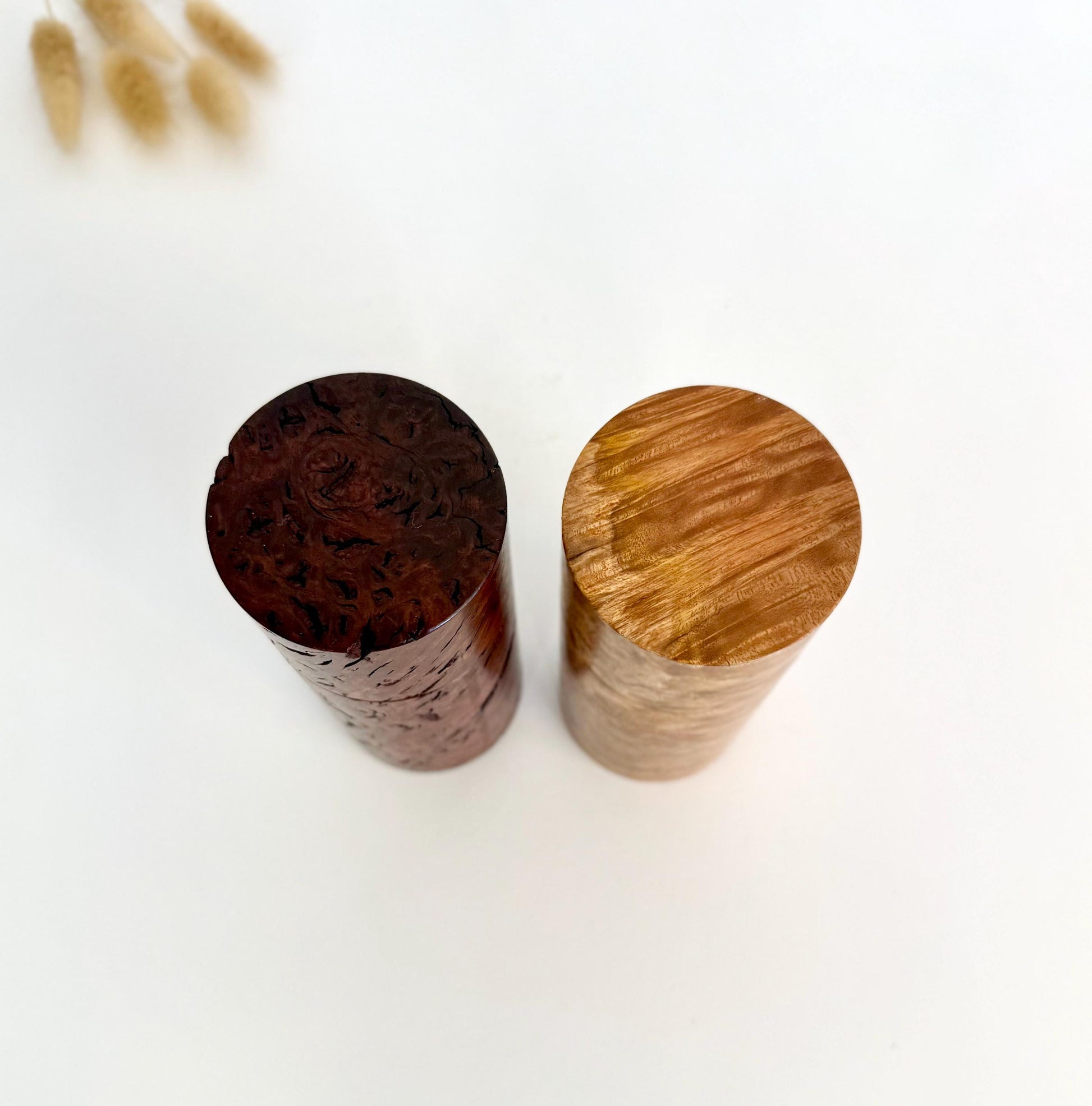 Handcrafted Jarrah Burl and Sugar Gum Mini Grinder Set: Modern Wood Salt Mill