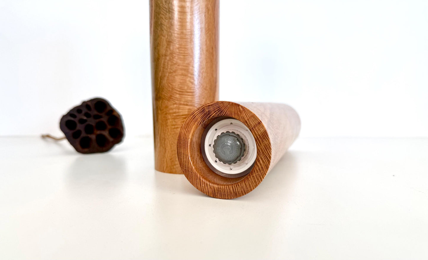Handcrafted River Banksia Pepper Grinder Set: Modern Wood Salt Mill
