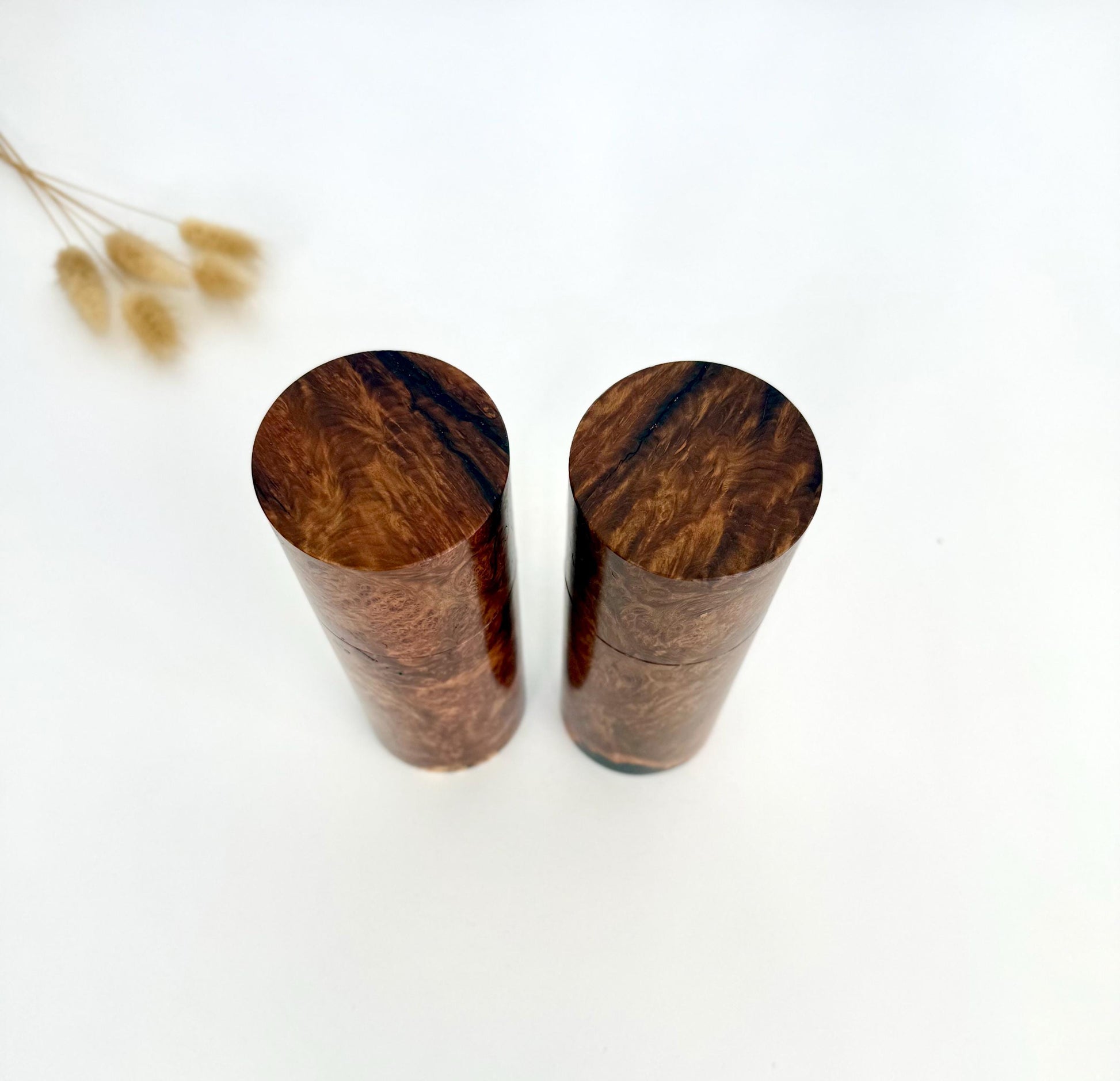 Handcrafted Blackbutt Burl Grinder Set: Modern Wood Salt Mill