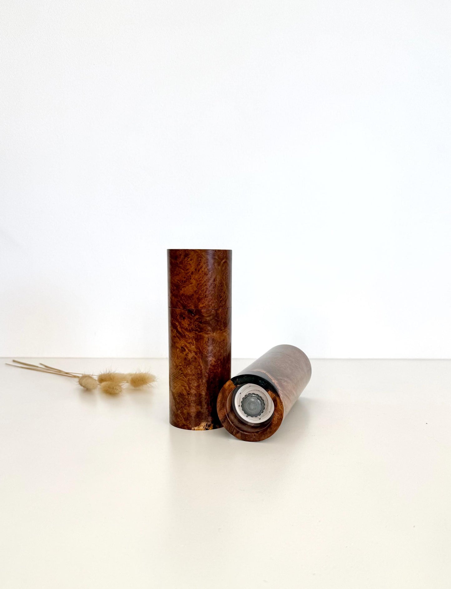 Handcrafted Blackbutt Burl Grinder Set: Modern Wood Salt Mill