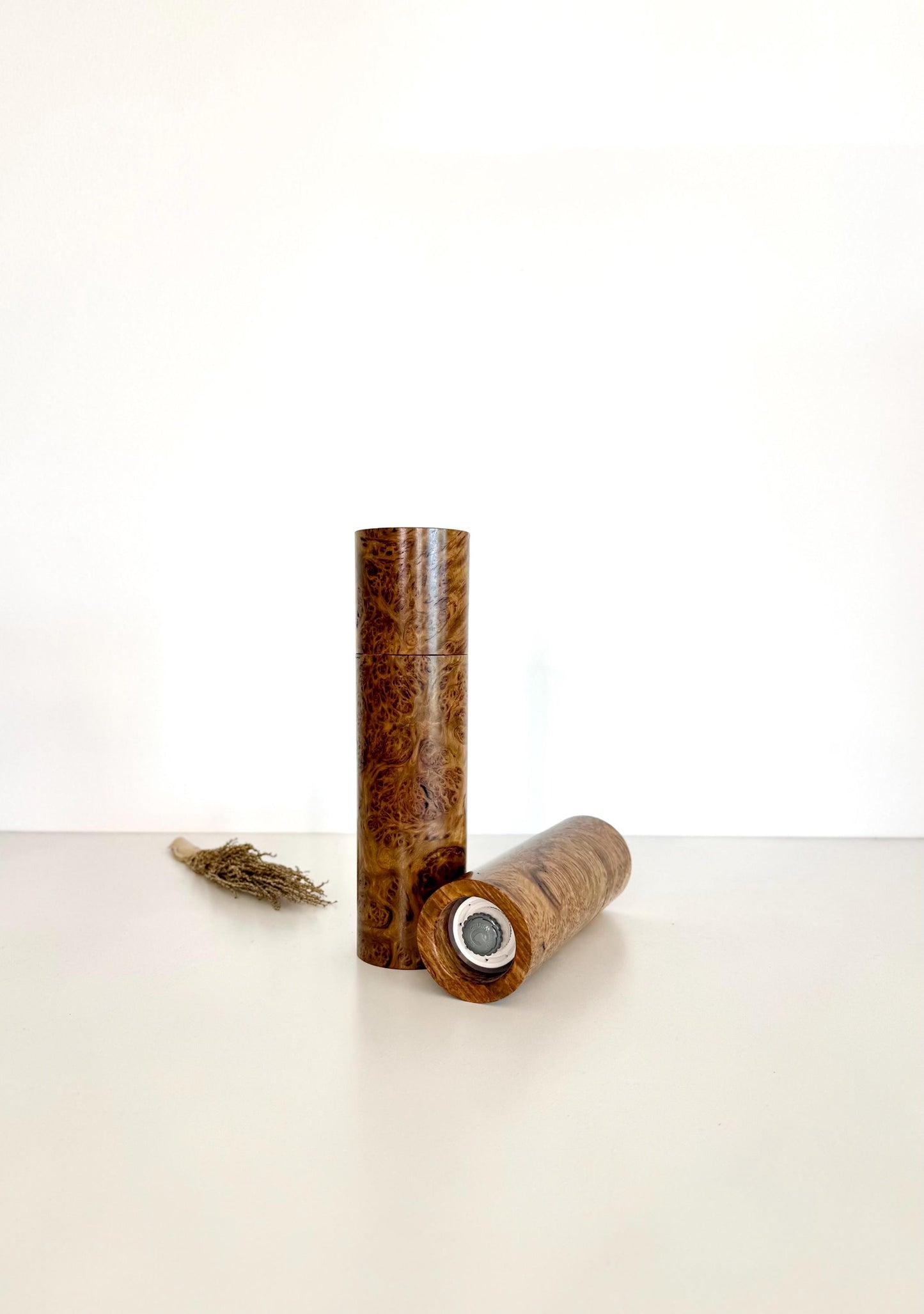 York Gum Burl Pepper Grinder Set: Modern Wood Salt Mill