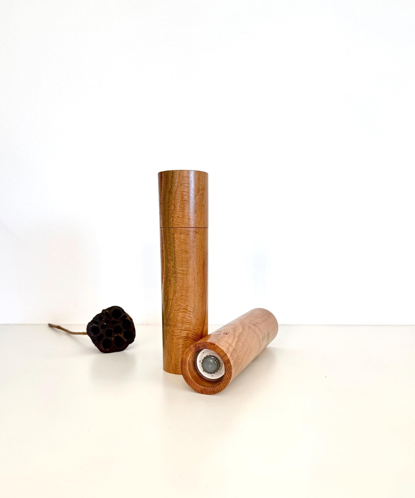 Handcrafted River Banksia Pepper Grinder Set: Modern Wood Salt Mill
