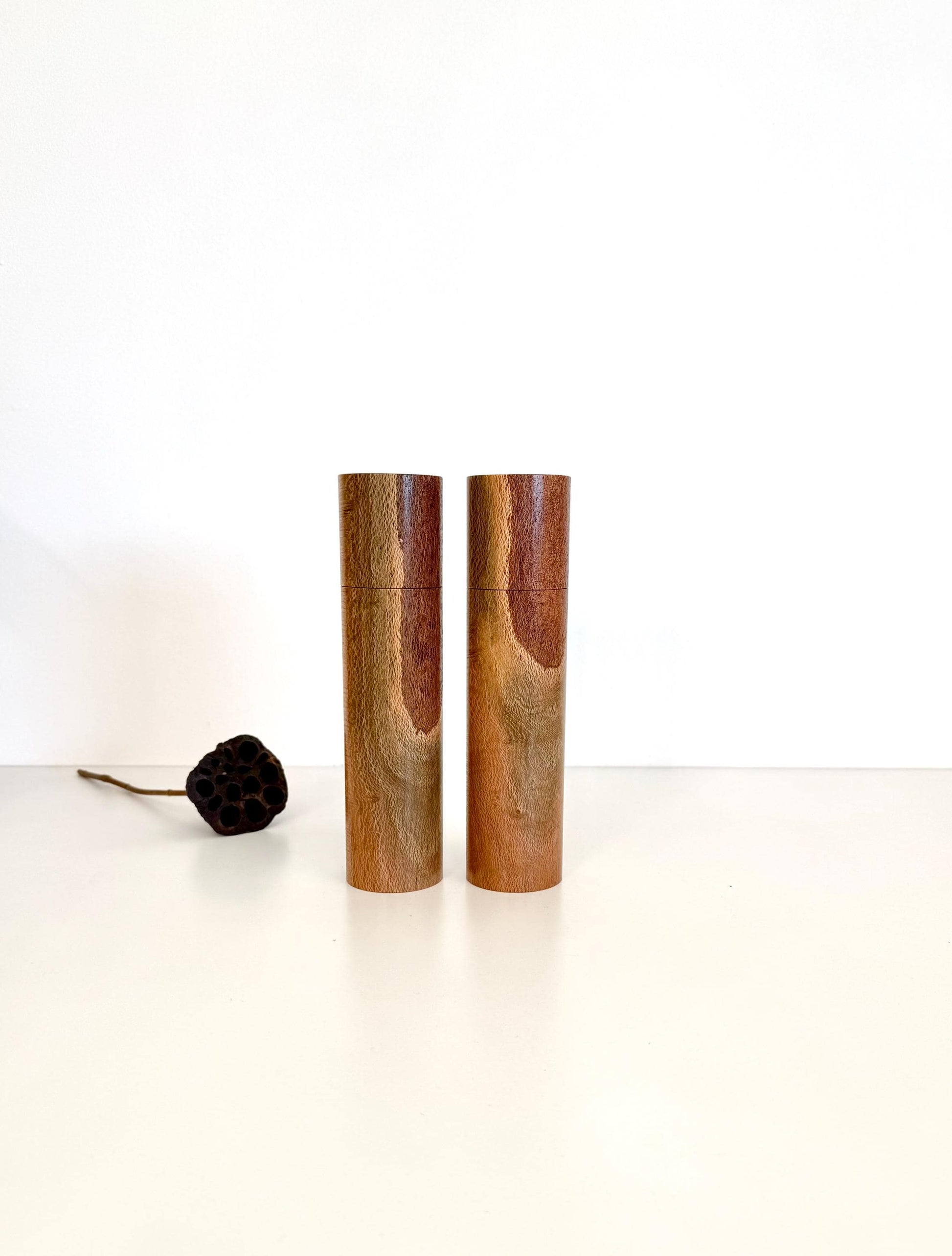 Wooden cylindrical shape salt and pepper grinders made from River banksia timber