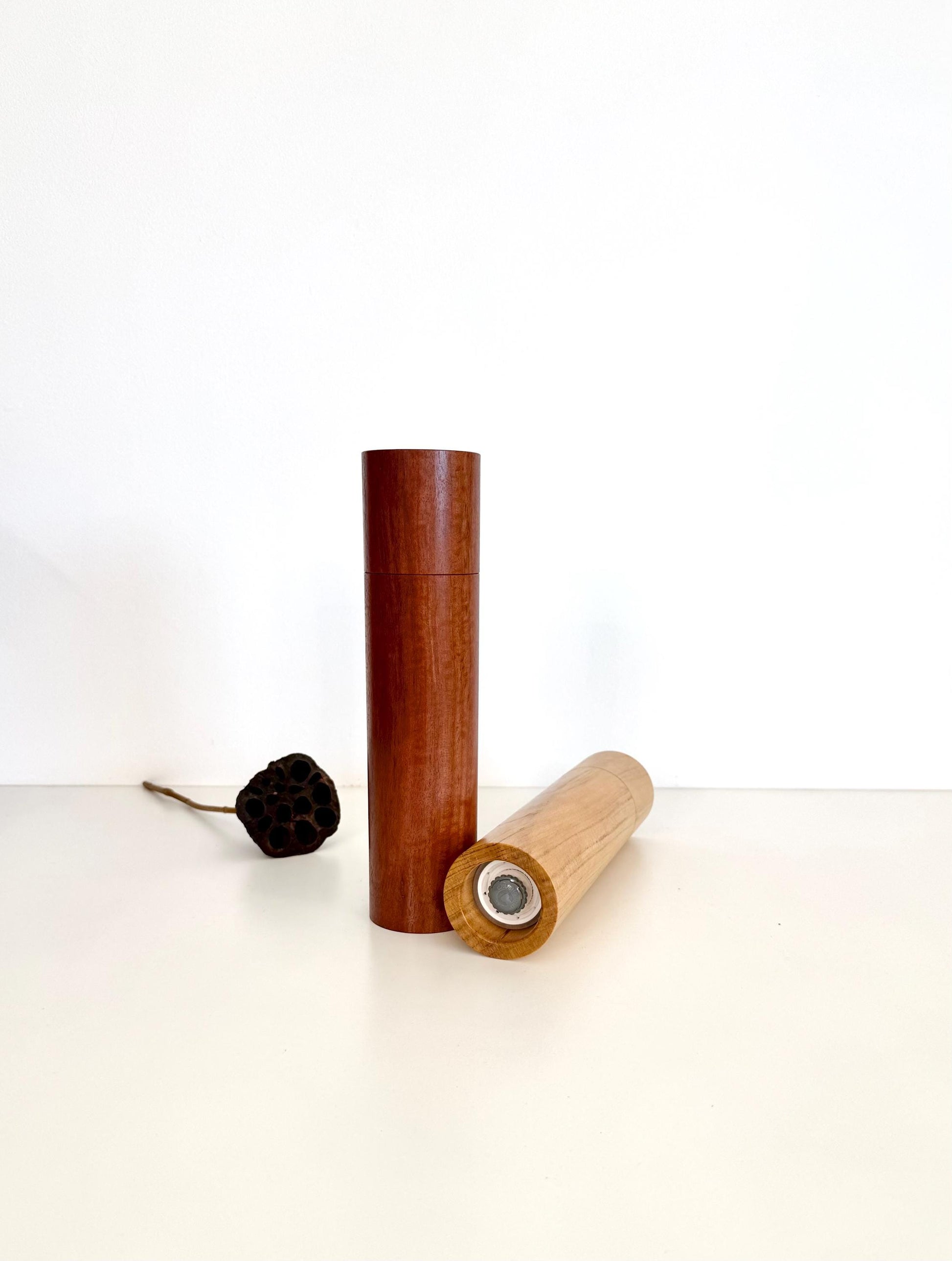 Handcrafted Jarrah and Kauri Pine Pepper Grinder Set: Modern Wood Salt Mill