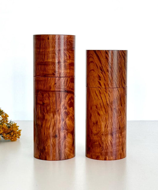 Wooden cylindrical shape salt and pepper grinders made from Sheoak timber