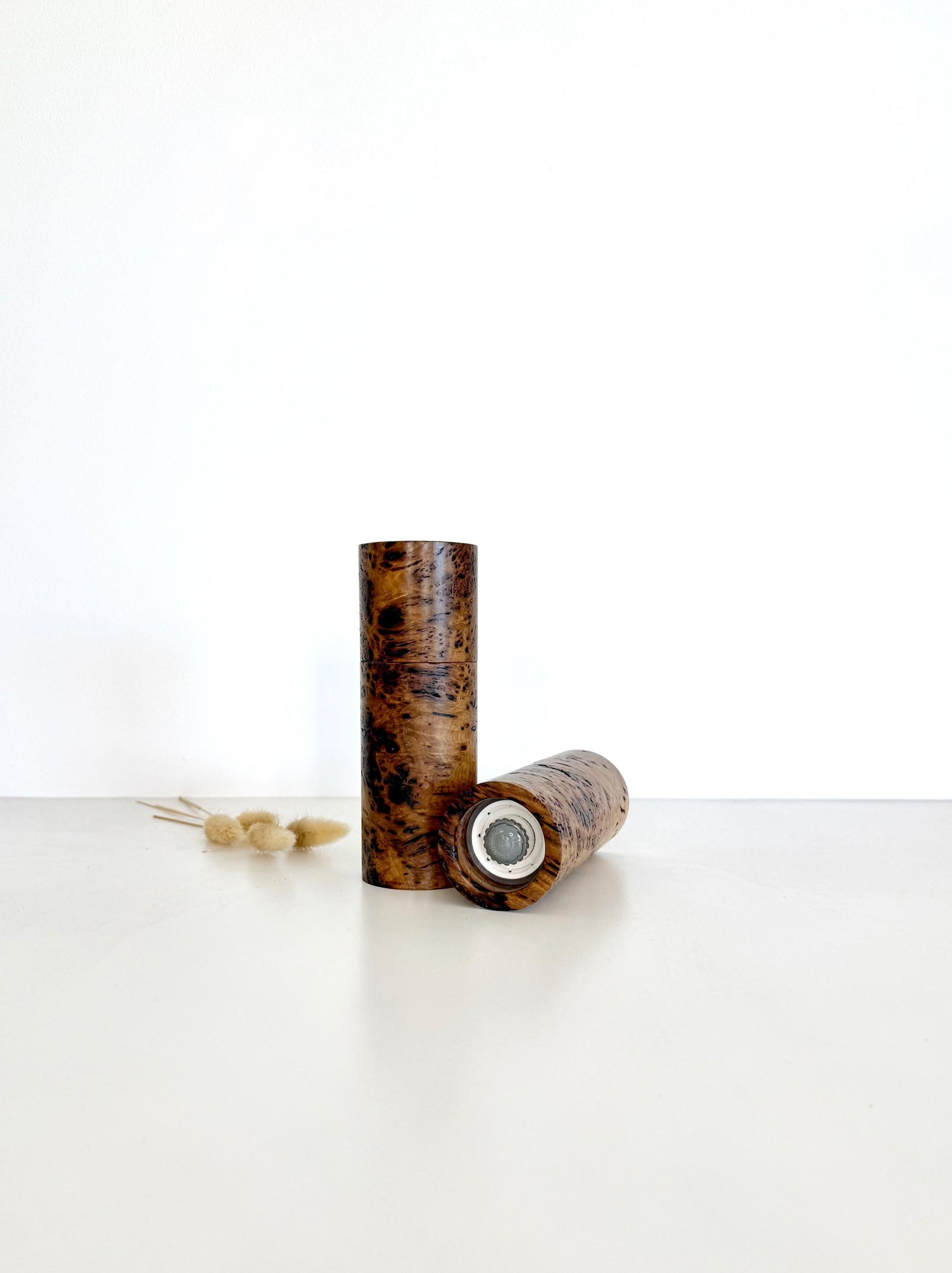 Rib Fruited Mallee burl Pepper Grinder Set, Modern Ceramic Salt Mill