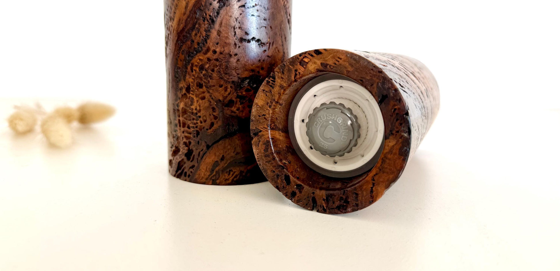 Marri Burl Pepper Grinder Set, Modern Ceramic Salt Mill