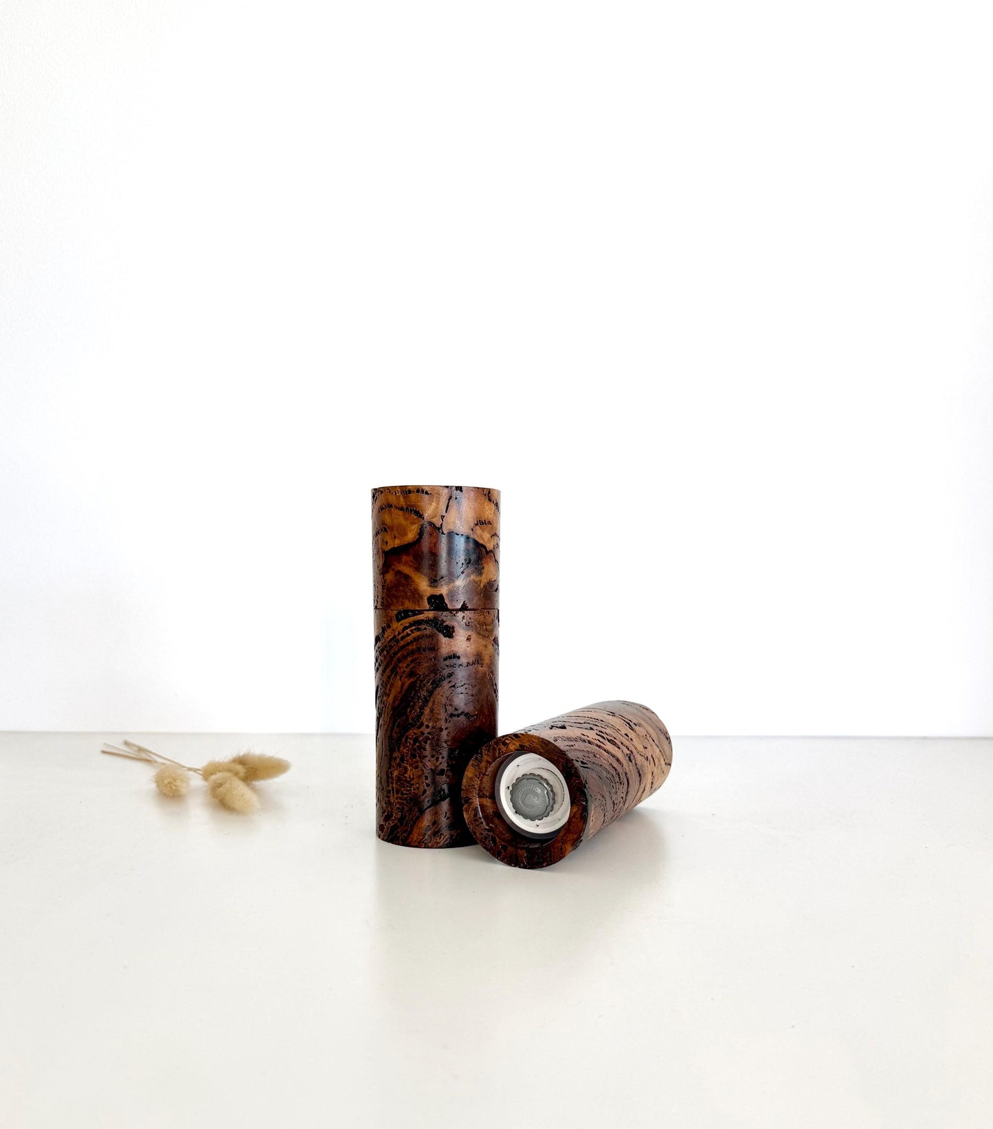 Marri Burl Pepper Grinder Set, Modern Ceramic Salt Mill