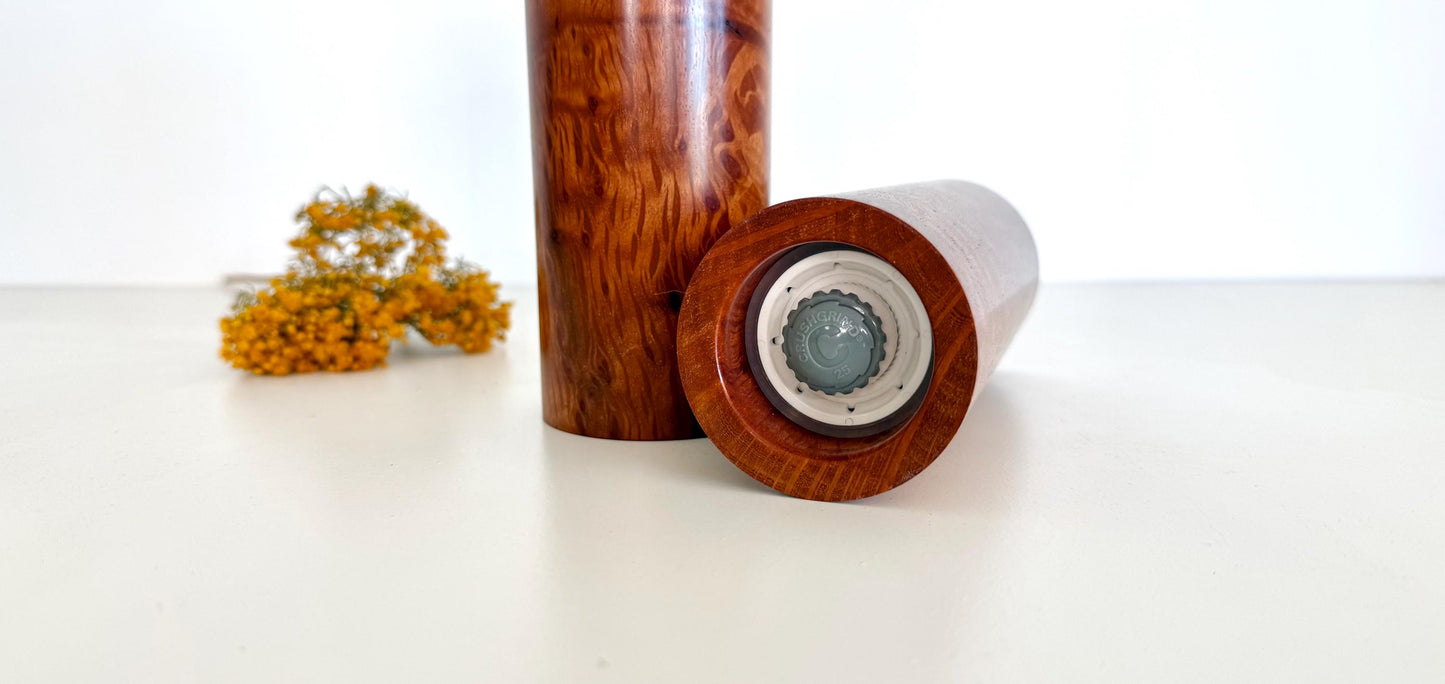 Birdseye Sheoak Pepper Grinder Set, Modern Ceramic Salt Mill