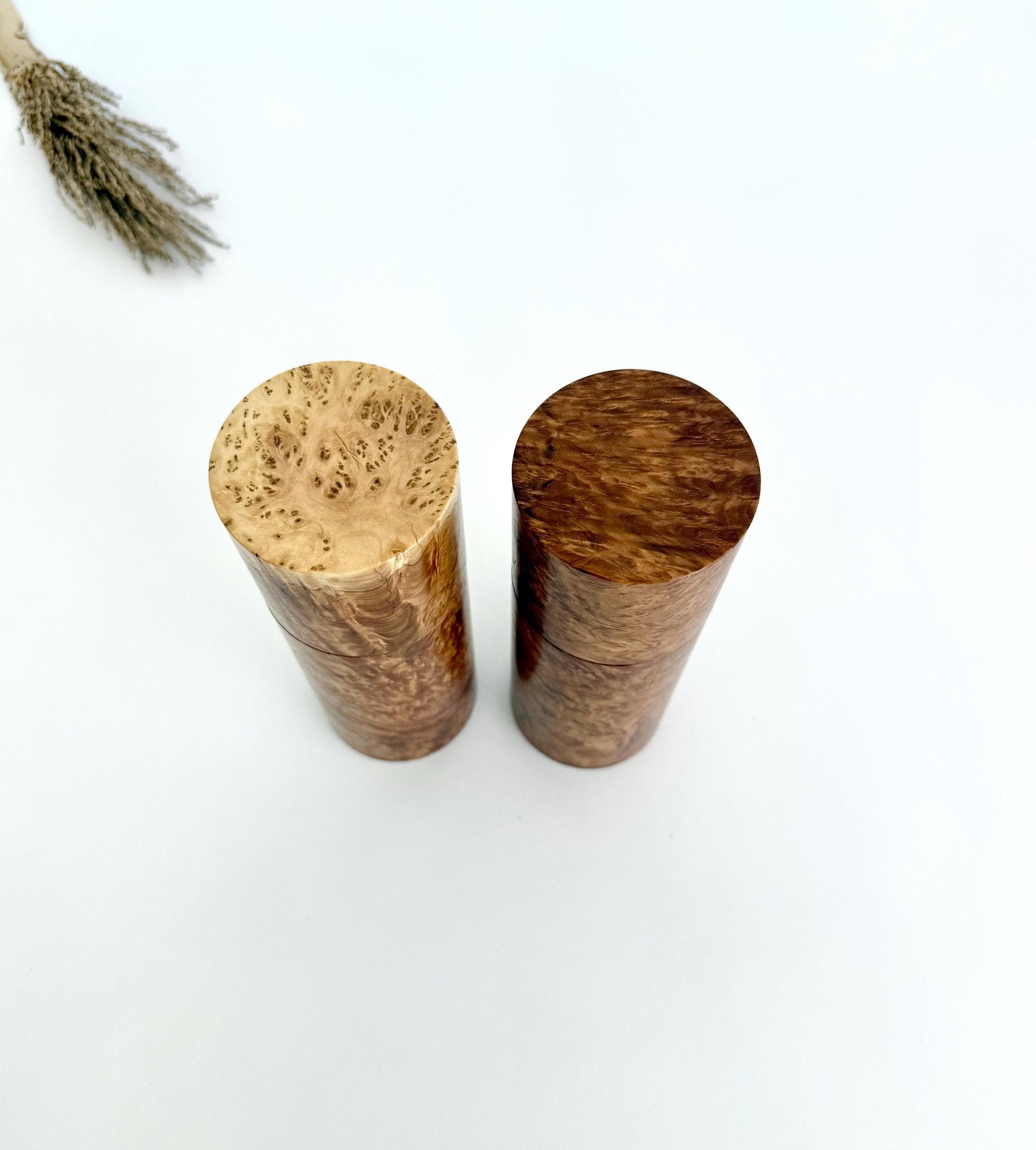 Rib Fruited Mallee burl Pepper Grinder Set, Modern Ceramic Salt Mill