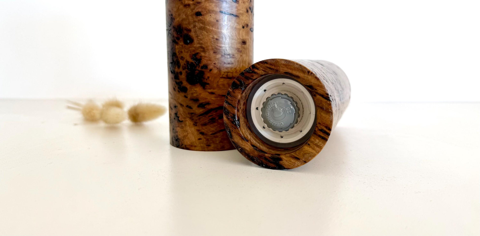 Rib Fruited Mallee burl Pepper Grinder Set, Modern Ceramic Salt Mill