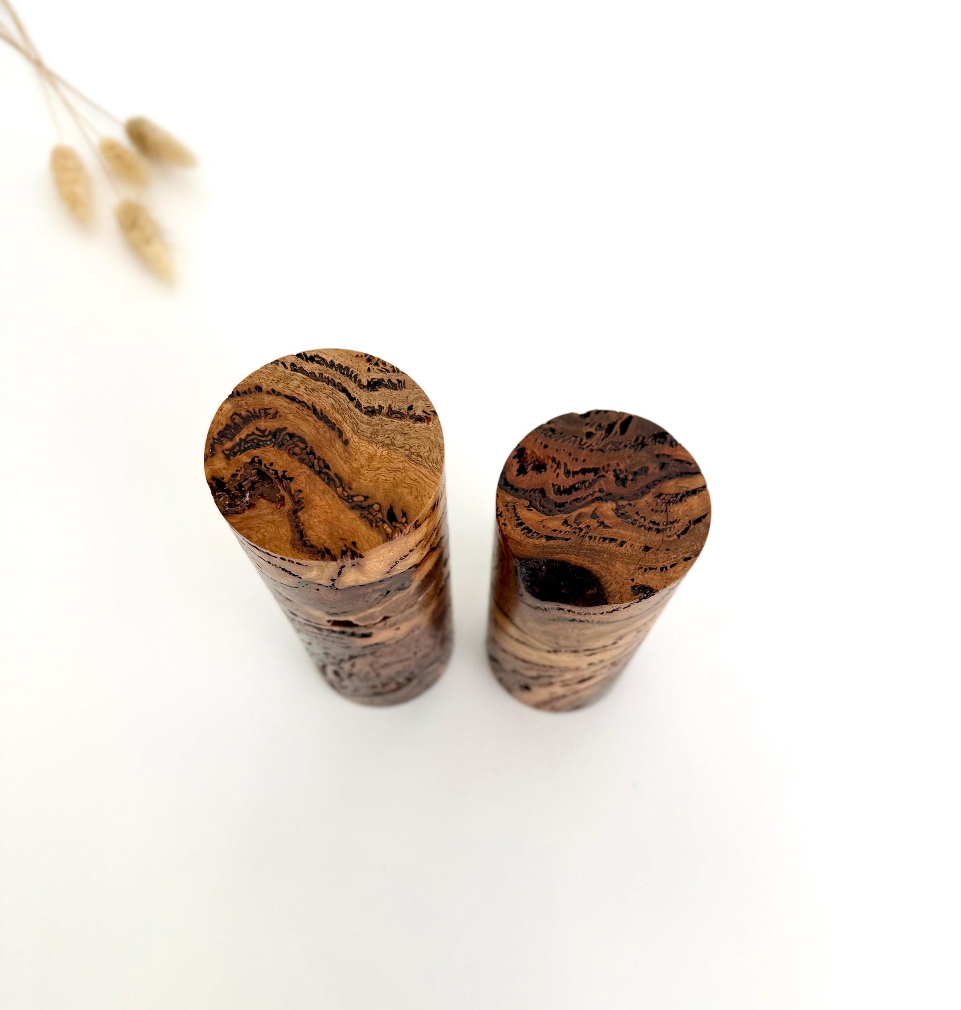 Marri Burl Pepper Grinder Set, Modern Ceramic Salt Mill