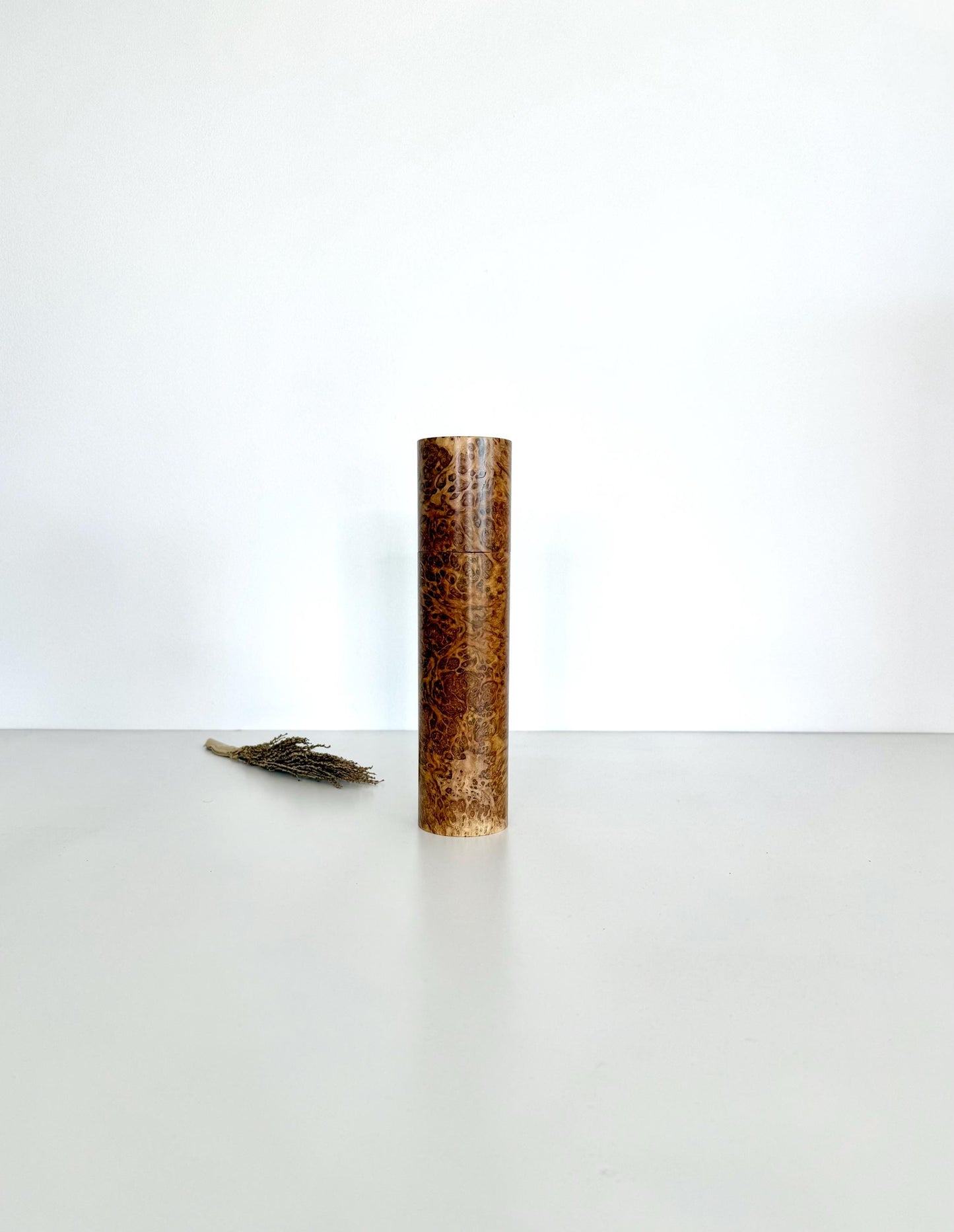 Wooden cylindrical shape salt and pepper grinder made from York Gum Burl timber