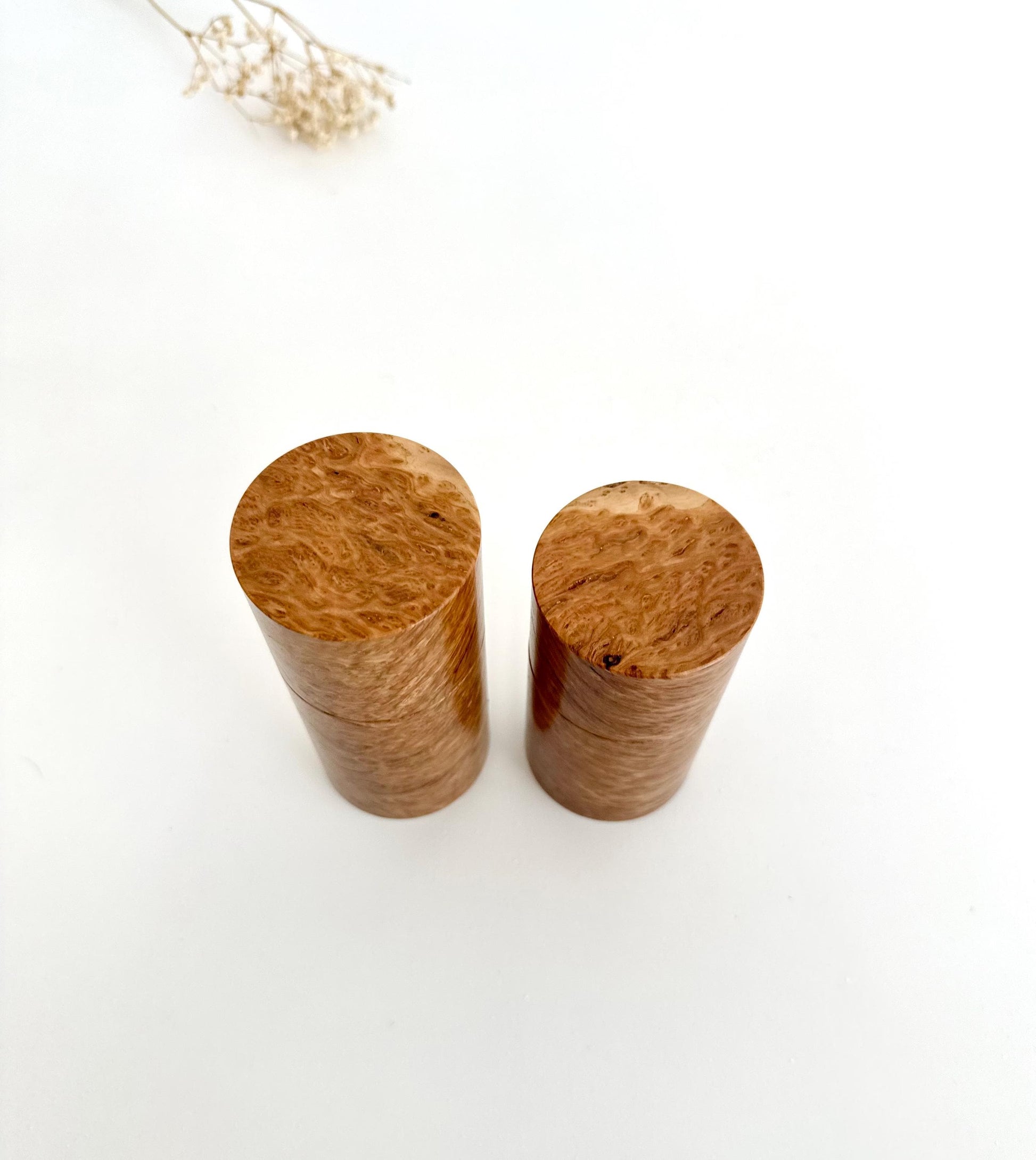 Handcrafted Bimble Box Burl Mini Pepper Grinder Set: Modern Wood Salt Mill