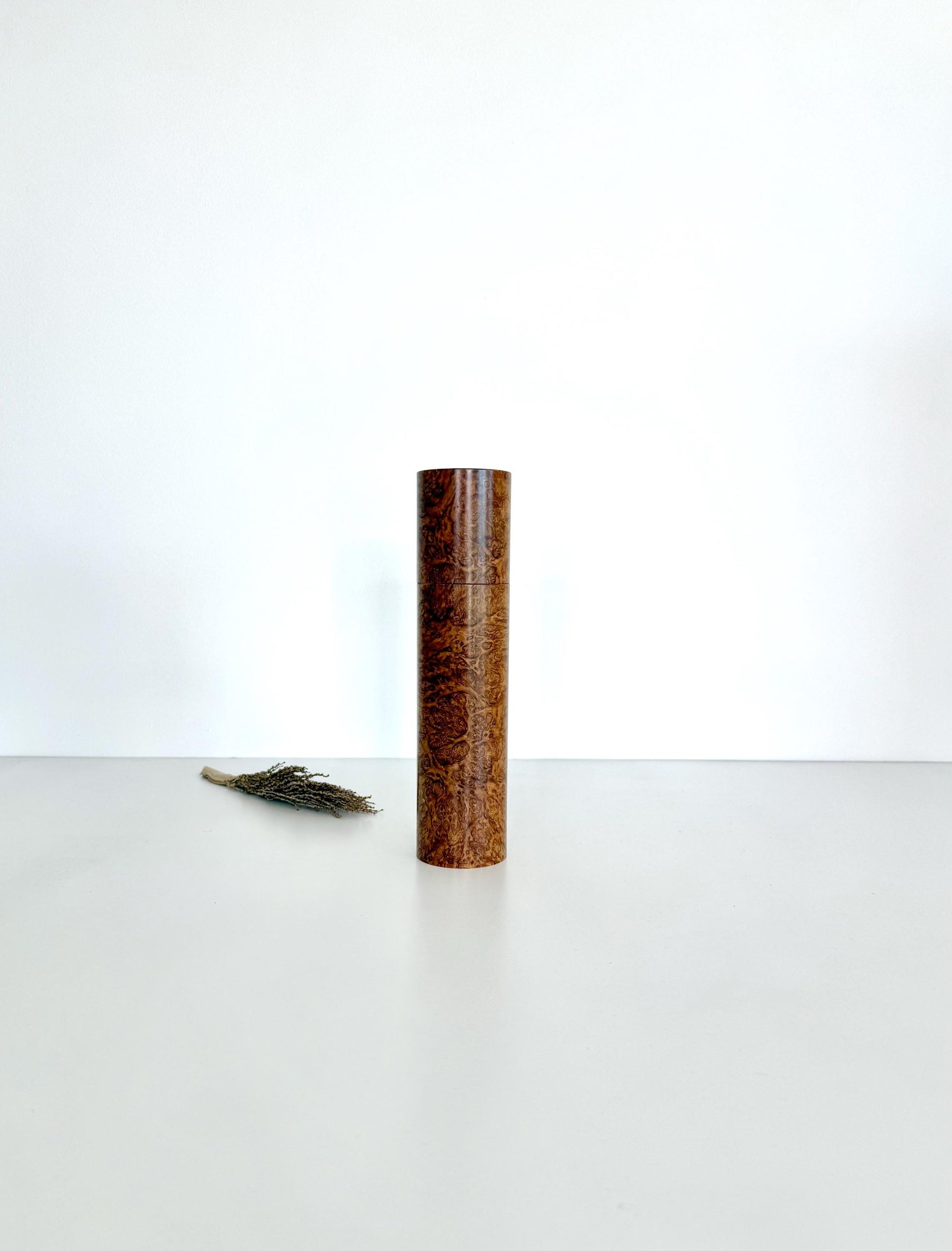 Wooden cylindrical shape salt and pepper grinder made from York Gum Burl timber