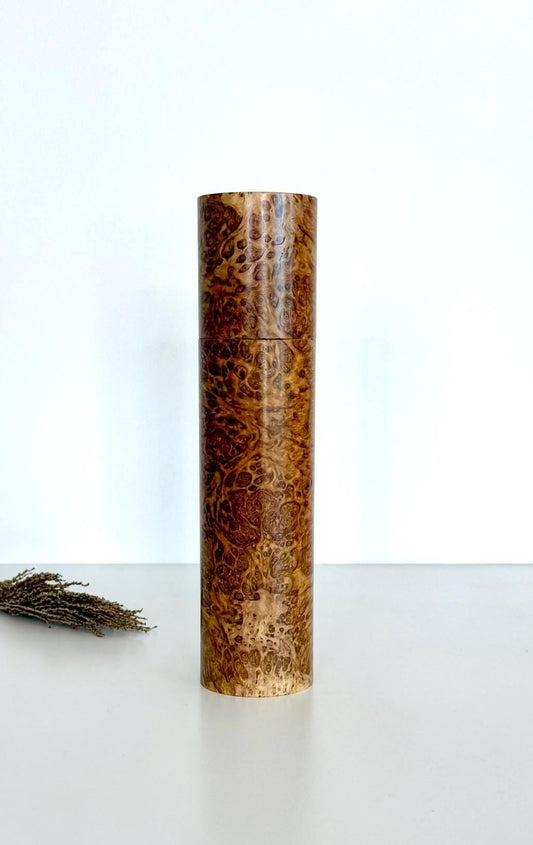 Wooden cylindrical shape salt and pepper grinder made from York Gum Burl timber