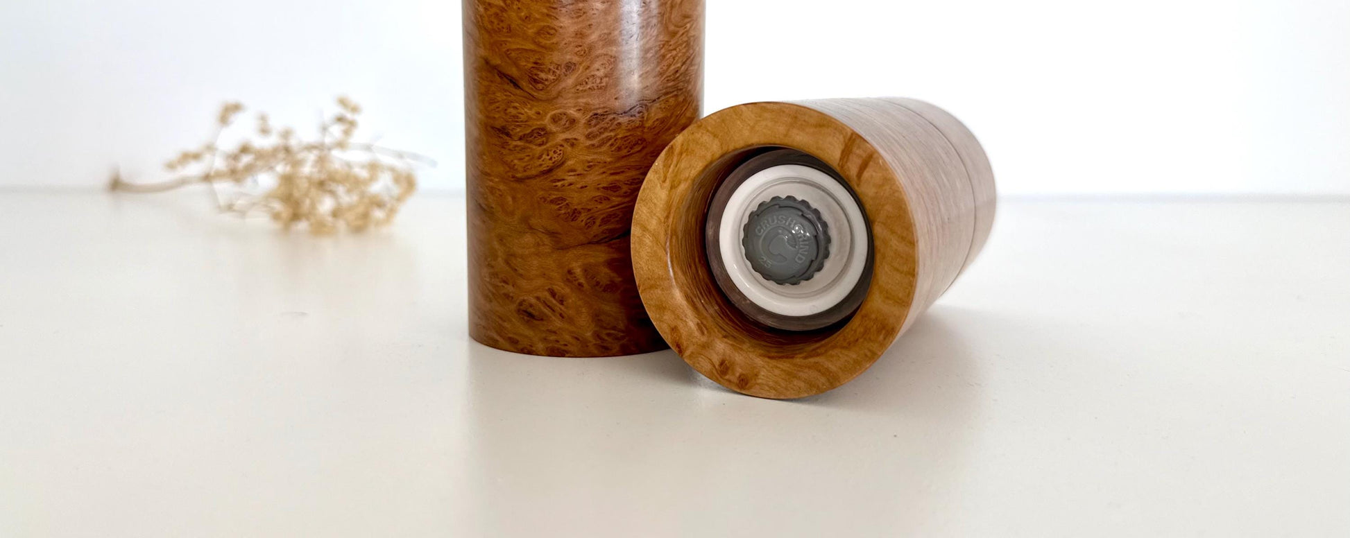 Handcrafted Bimble Box Burl Mini Pepper Grinder Set: Modern Wood Salt Mill