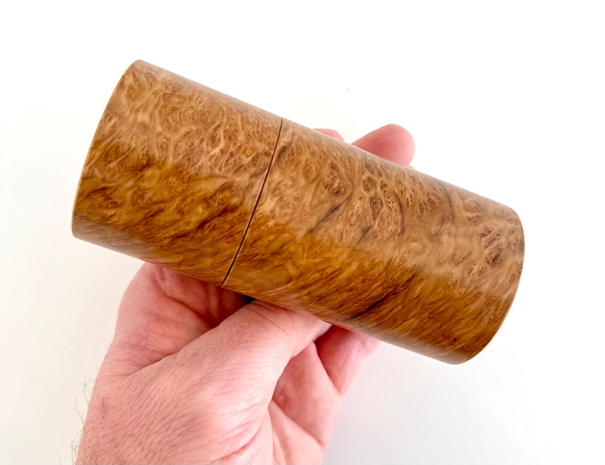 Handcrafted Bimble Box Burl Mini Pepper Grinder Set: Modern Wood Salt Mill