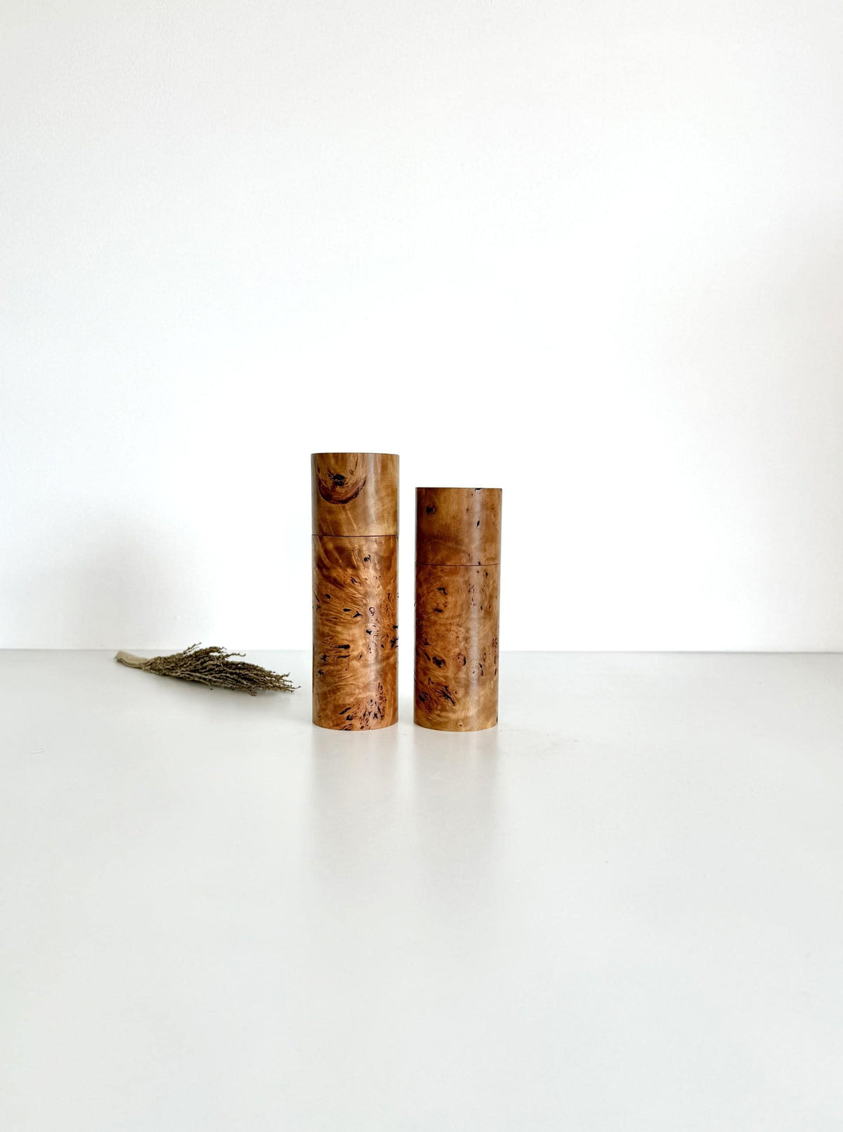 River Red Gum Burl Pepper Grinder Set, Modern Ceramic Salt Mill
