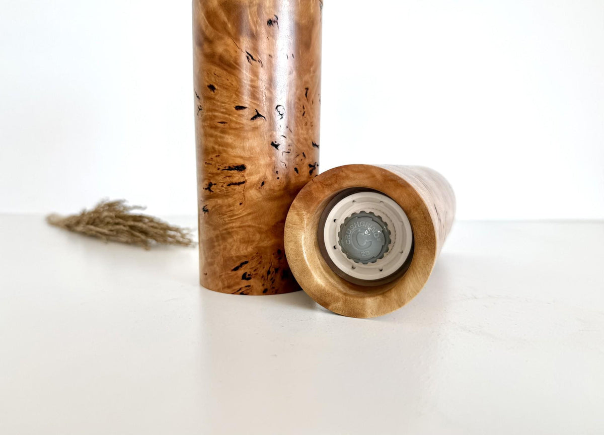 River Red Gum Burl Pepper Grinder Set, Modern Ceramic Salt Mill