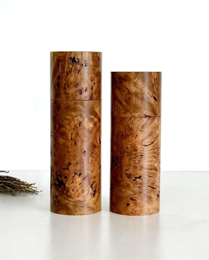 River Red Gum Burl Pepper Grinder Set, Modern Ceramic Salt Mill