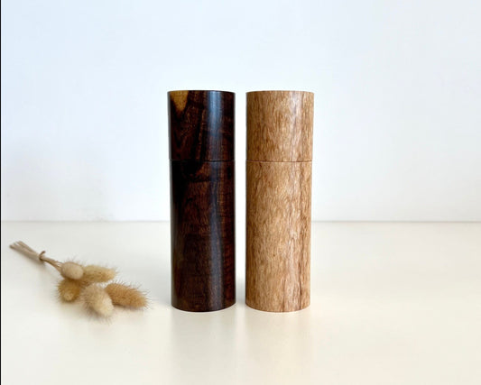 Wooden cylindrical shape salt and pepper grinders made from Australian Western Myall and bluegum timbers