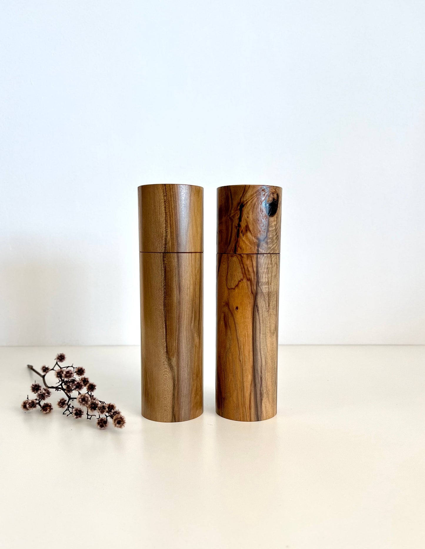 Wooden cylindrical shape salt and pepper grinders made from Australian Black Heart Sassafras timber