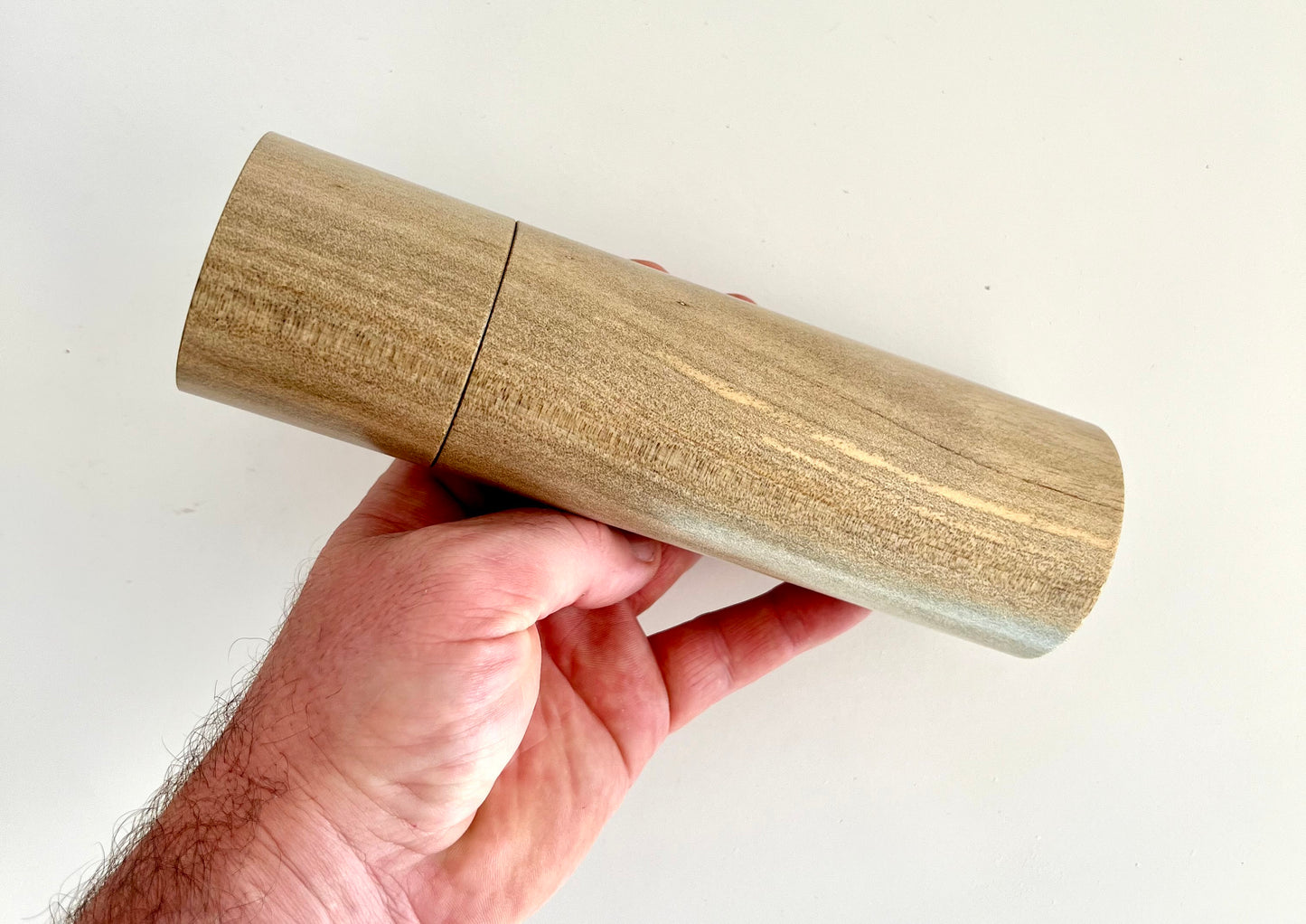 Mans hand holding single straight Norfolk Island Pine grinder