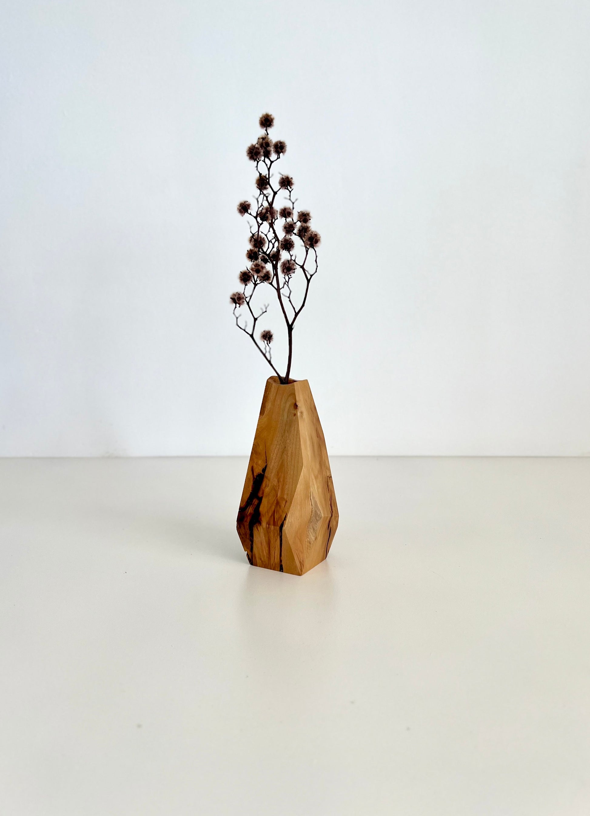 Wooden Geometric multi-faceted bud vase with dried flowers made from Australian reclaimed timber