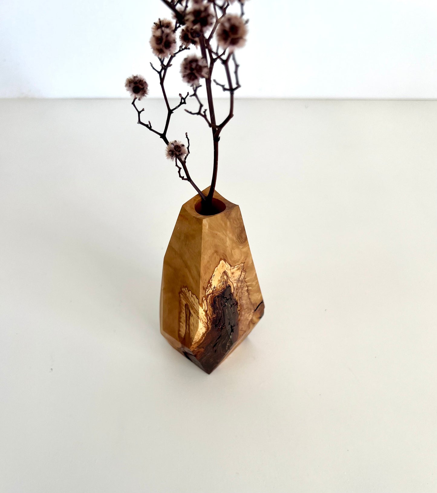 Wooden Geometric multi-faceted bud vase with dried flowers made from Australian reclaimed timber