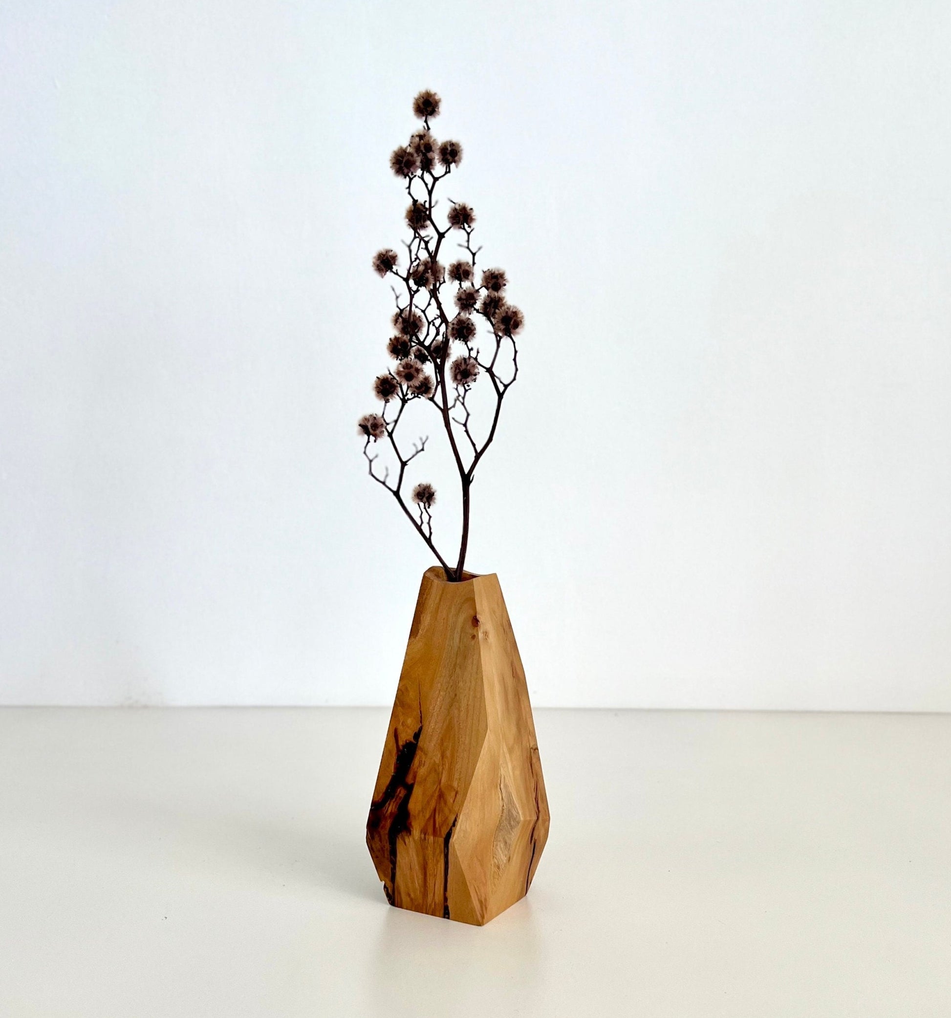 Wooden Geometric multi-faceted bud vase with dried flowers made from Australian reclaimed timber