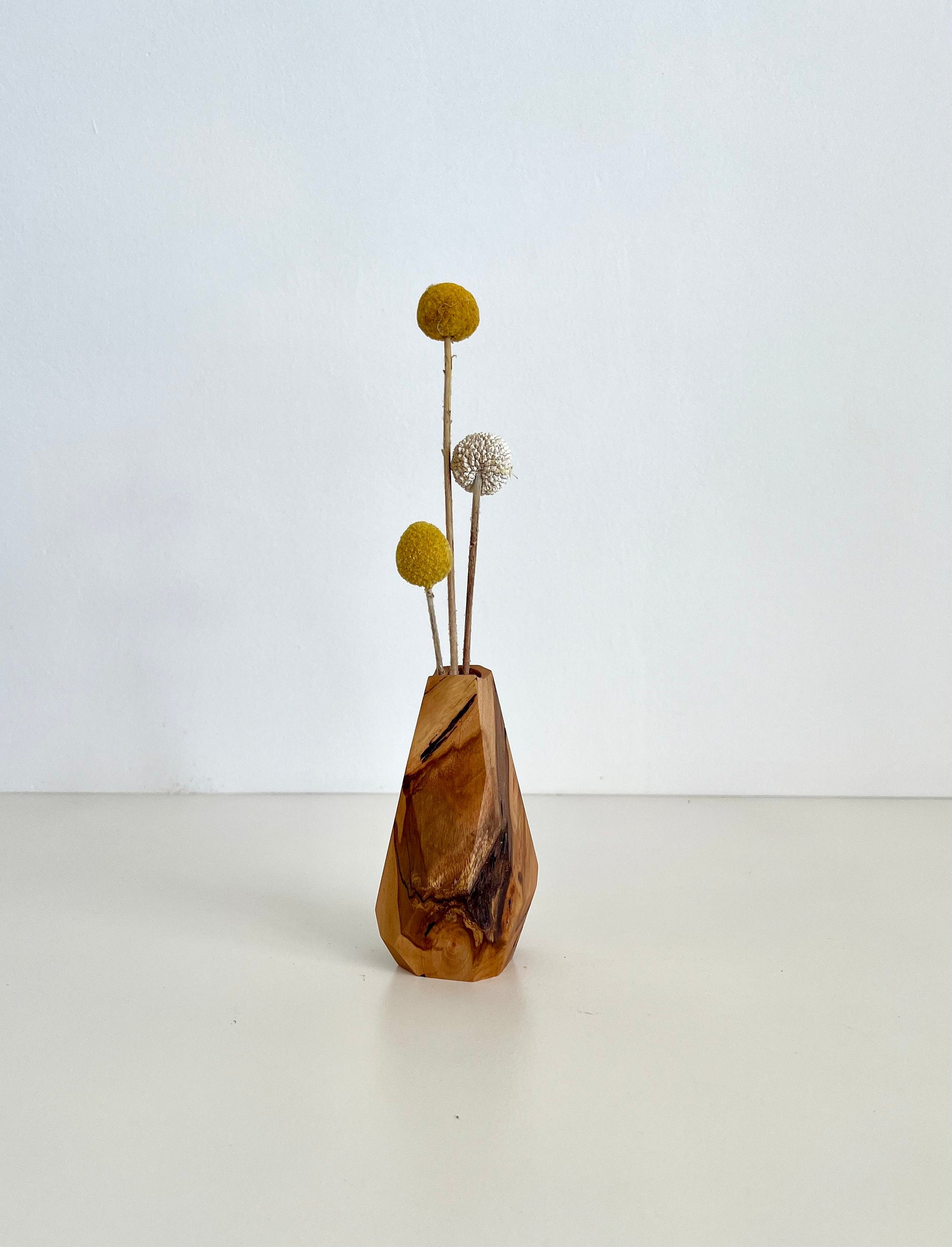 Wooden Geometric multi-faceted bud vase with dried flowers made from Australian reclaimed timber