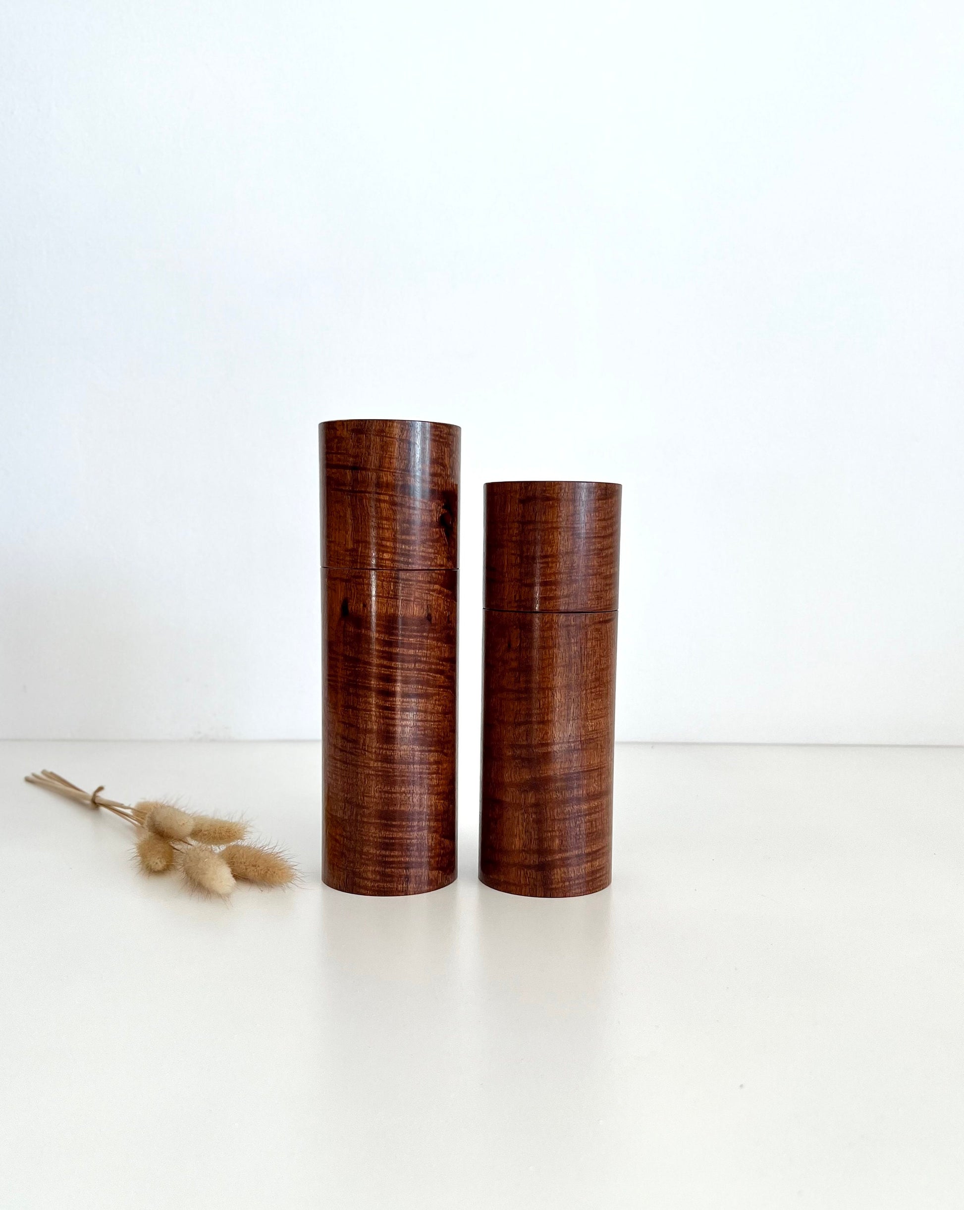 Wooden cylindrical shape salt and pepper grinders made from Australian Fiddleback Western Myall timber